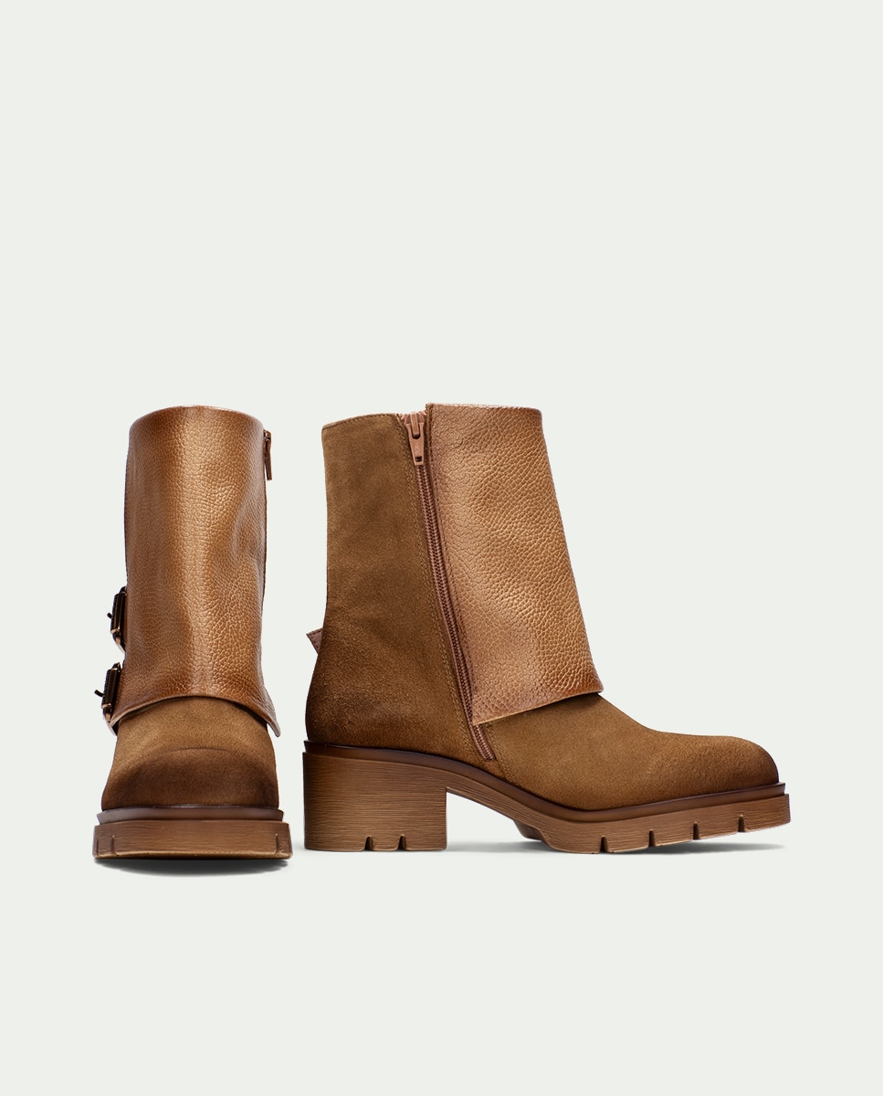 Botines de mujer de piel tipo biker con doble hebilla - Hispanitas - Marrón Marrón-5