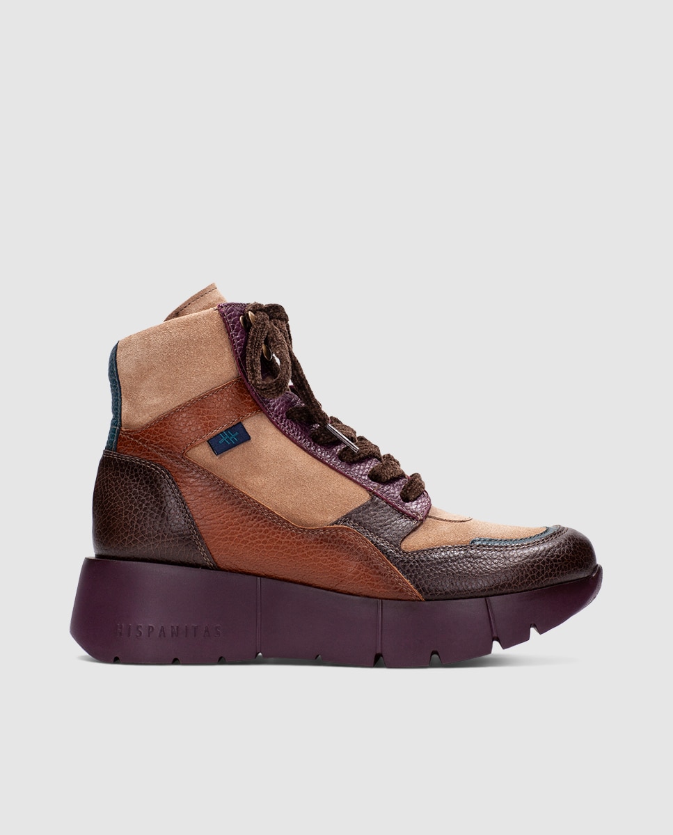 Zapatillas altas deportivas de mujer de piel con cordones - Hispanitas - Marrón Marrón-1