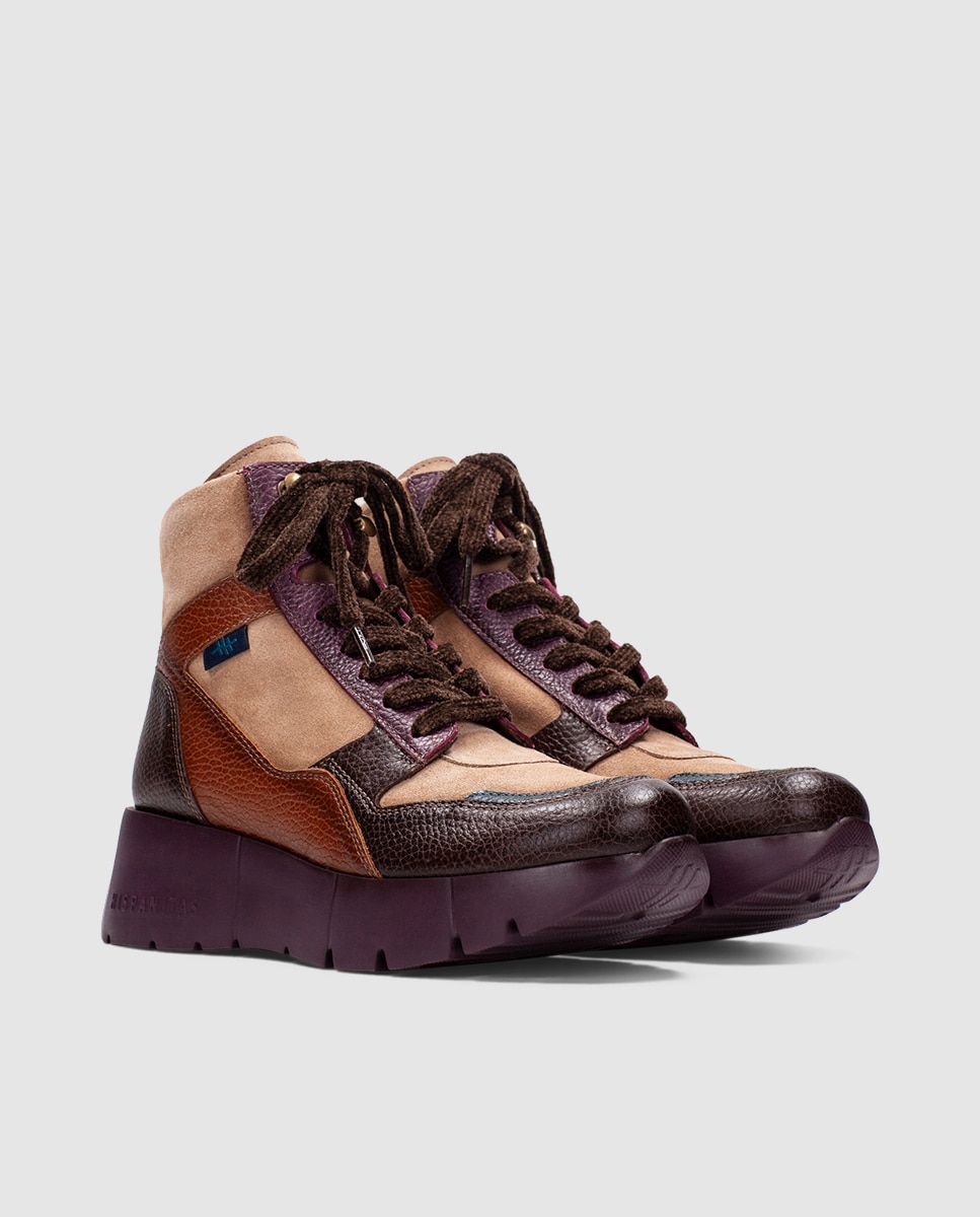 Zapatillas altas deportivas de mujer de piel con cordones - Hispanitas - Marrón Marrón-2
