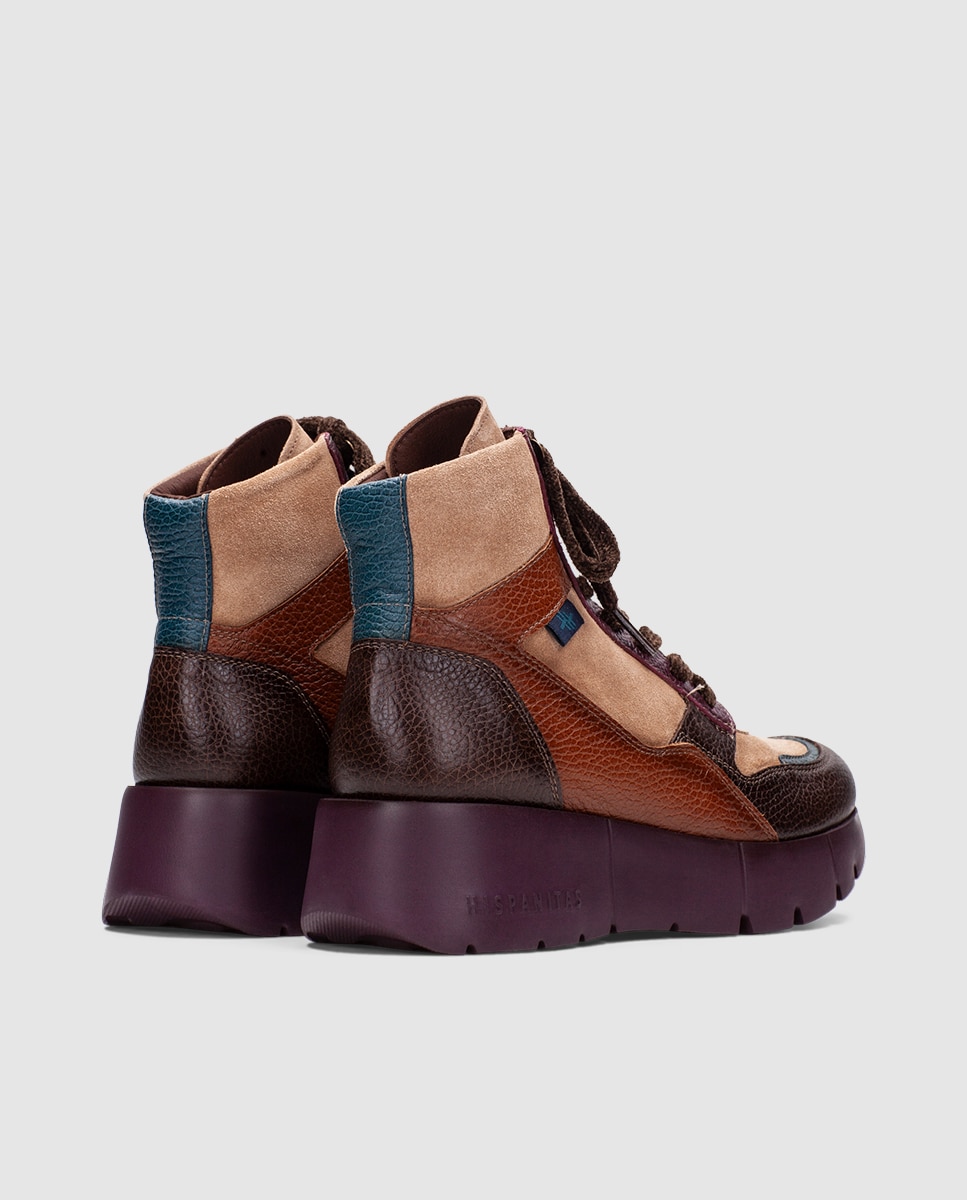 Zapatillas altas deportivas de mujer de piel con cordones - Hispanitas - Marrón Marrón-4