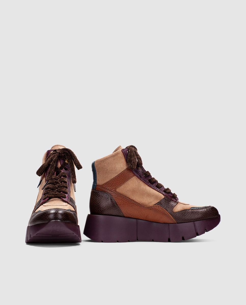 Zapatillas altas deportivas de mujer de piel con cordones - Hispanitas - Marrón Marrón-5