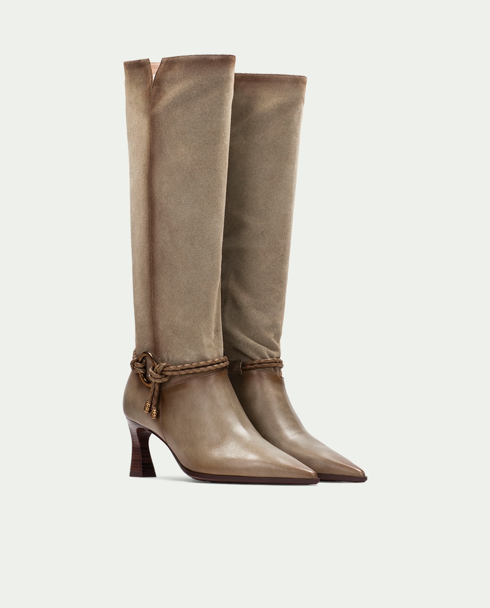 Botas de mujer de piel con punta fina y cordón trenzado - Hispanitas - Verde Verde-3