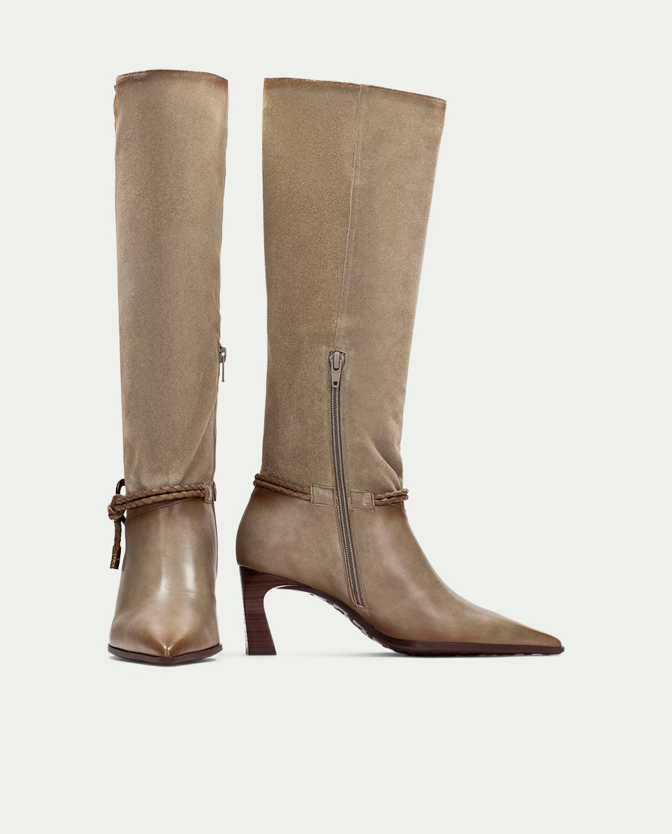 Botas de mujer de piel con punta fina y cordón trenzado - Hispanitas - Verde Verde-5