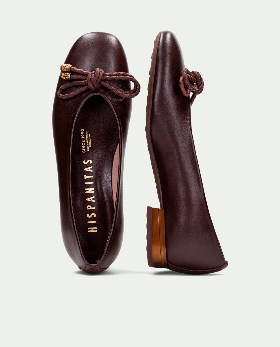 Bailarina de piel de mujer con detalle tubular - Hispanitas - Marrón Marrón-4