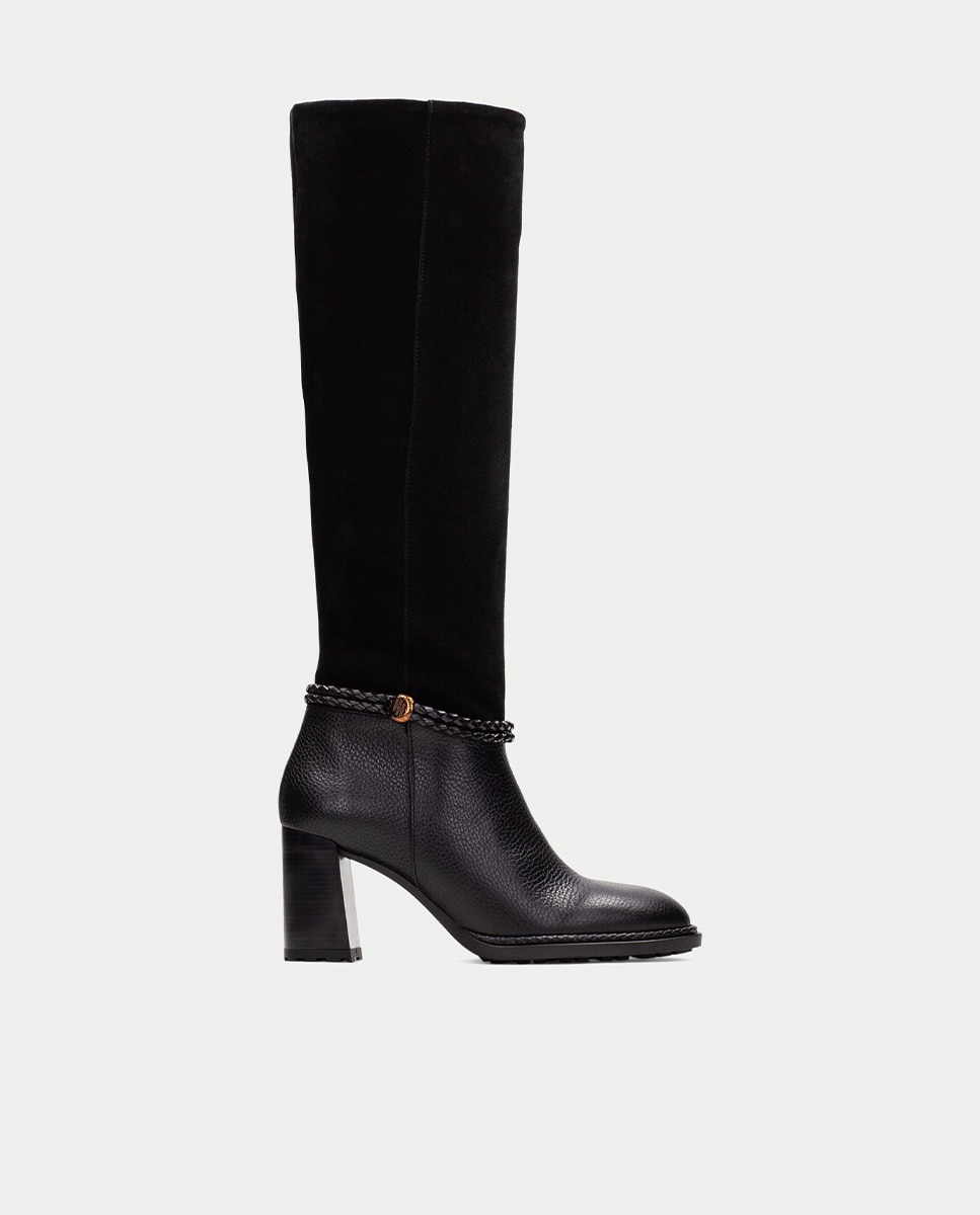 Imagen 0 de Botas de tacón de mujer de piel con cordon trenzado Negro