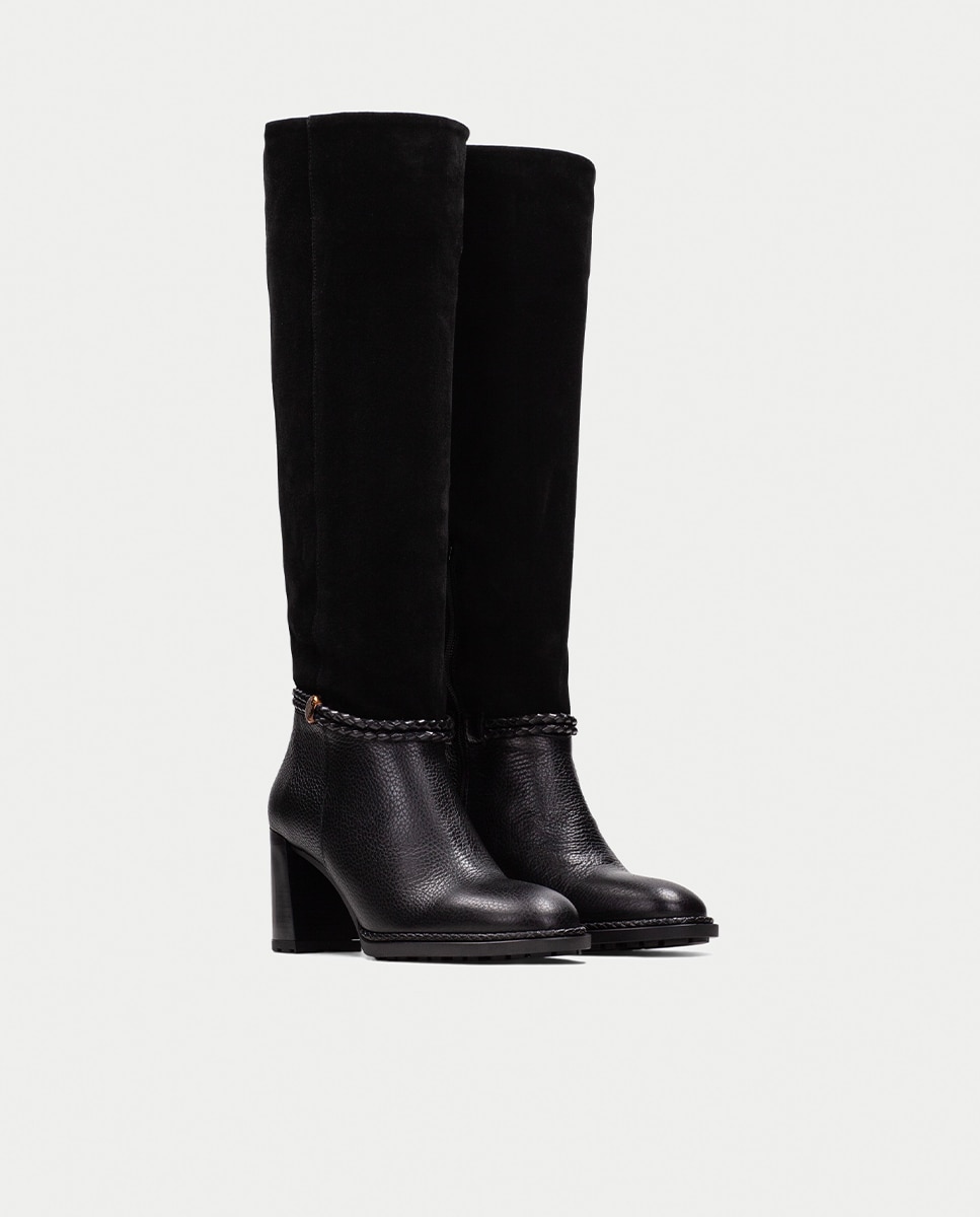 Botas de tacón de mujer de piel con cordon trenzado - Hispanitas - Negro Negro-2