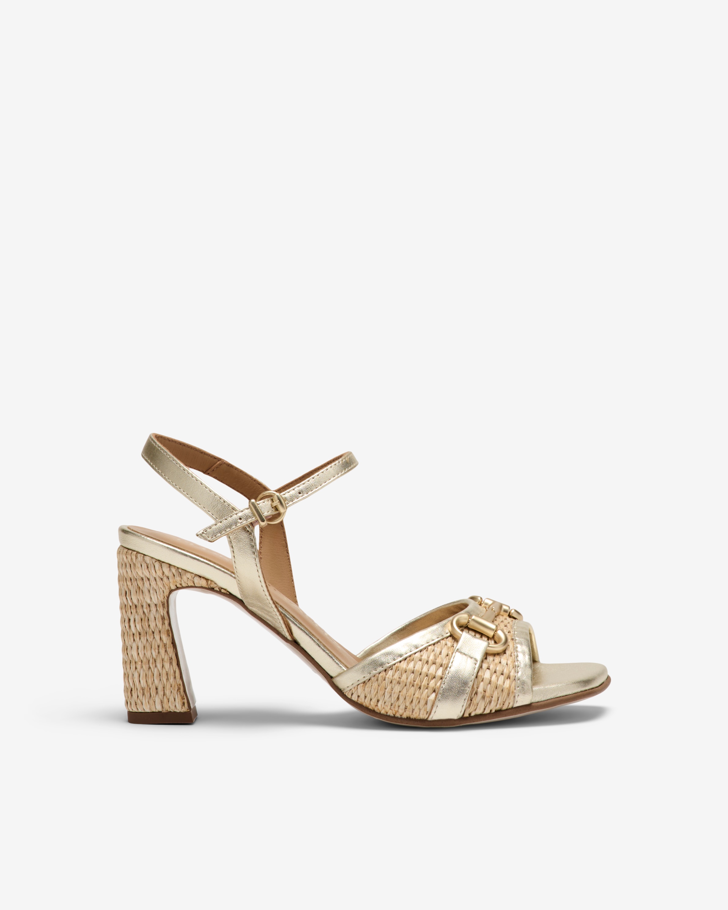 Sandalias de tacón de mujer de piel y rafia con adorno - Pedro Miralles - Oro Oro-1