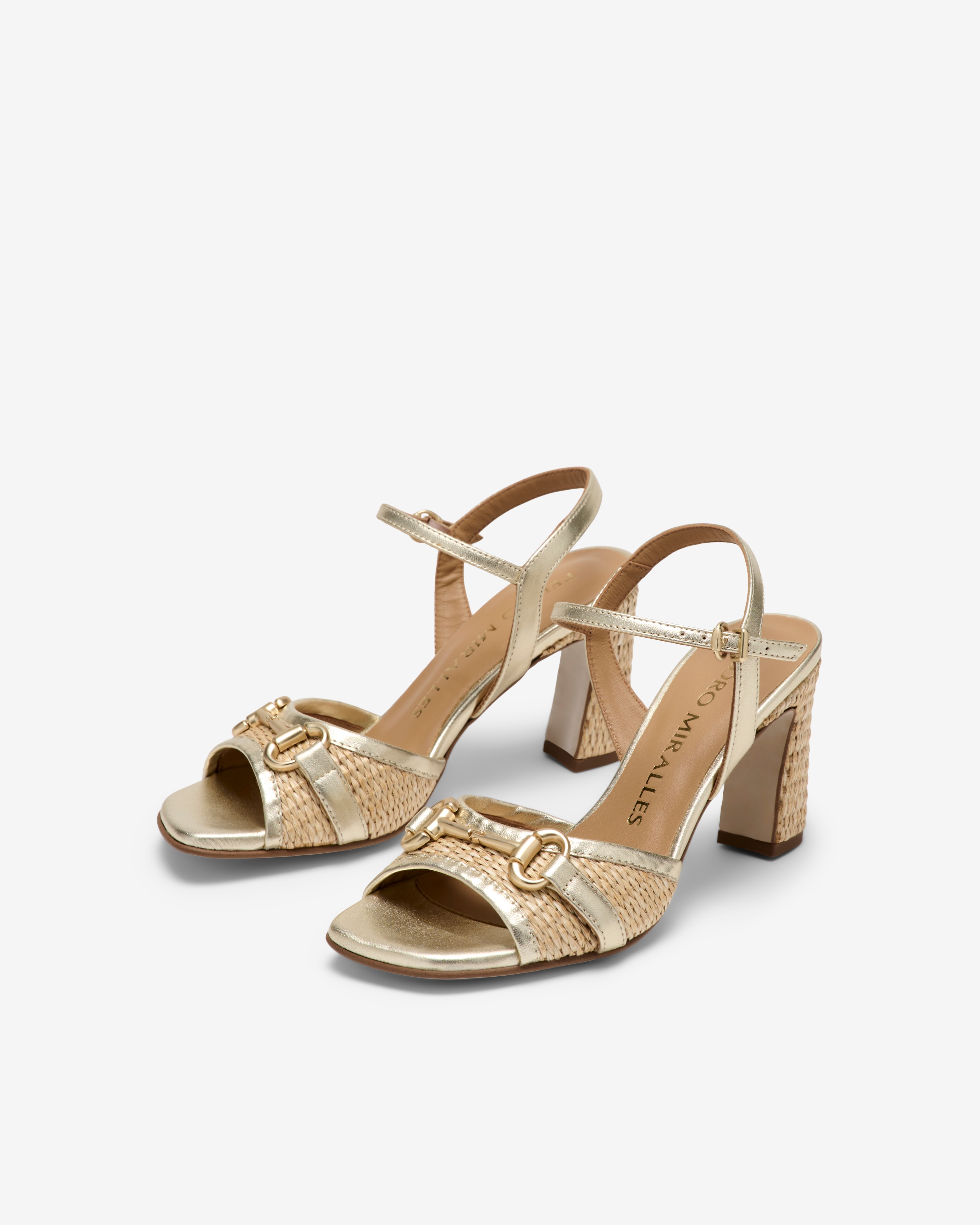 Sandalias de tacón de mujer de piel y rafia con adorno - Pedro Miralles - Oro Oro-3