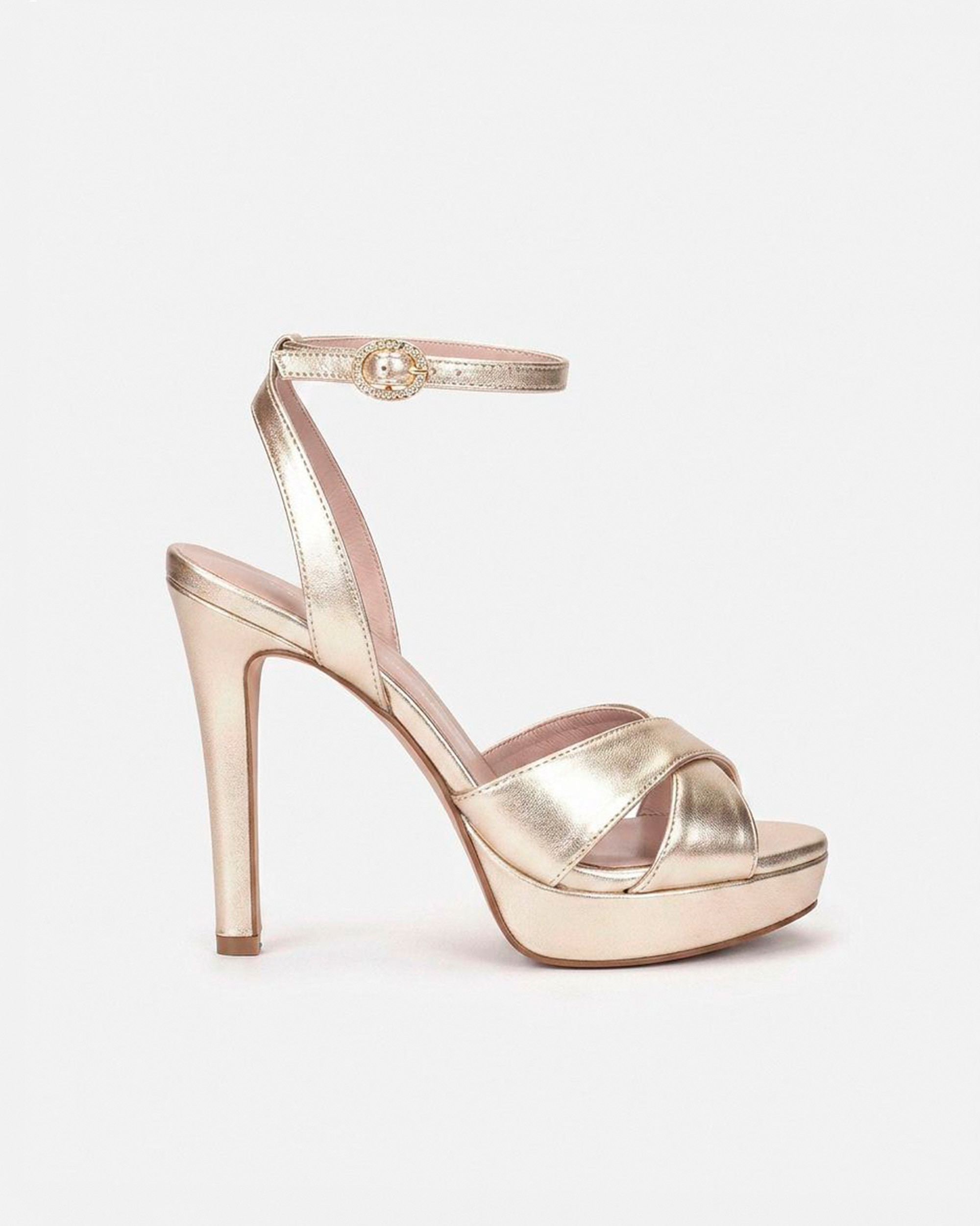 Sandalias de tacón de mujer con plataforma y hebilla de brillos - Pedro Miralles - Oro Oro-1