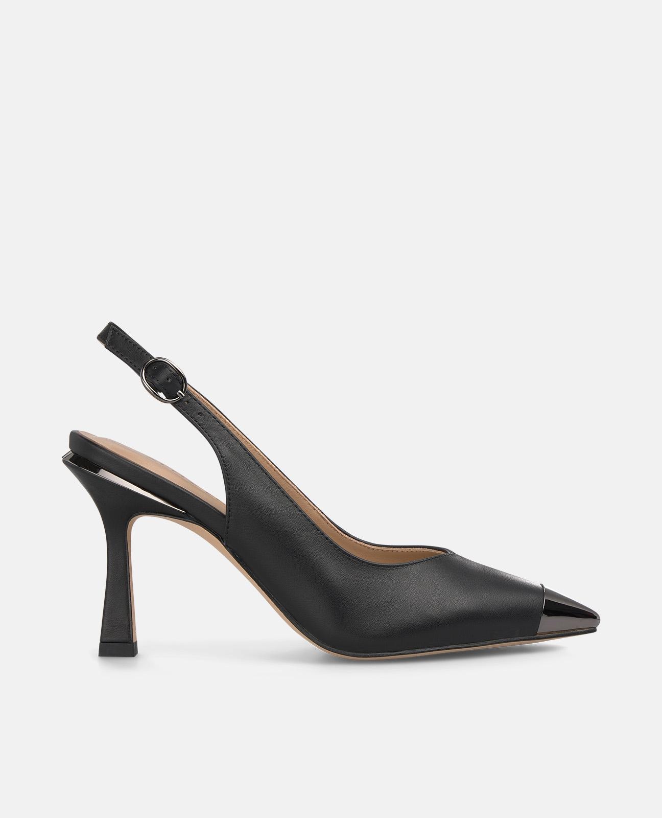 Alma en Pena - Zapatos de salón de mujer destalonados con puntera afilada metalizada y cierre con hebilla.