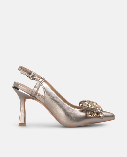 Imagen 0 de Zapatos de salón de mujer destalonados con puntera afilada con lazo de pedrería metalizada