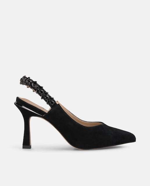 Imagen 0 de Zapatos de salón de mujer destalonados con tacón aguja y tira elástica de pedrería