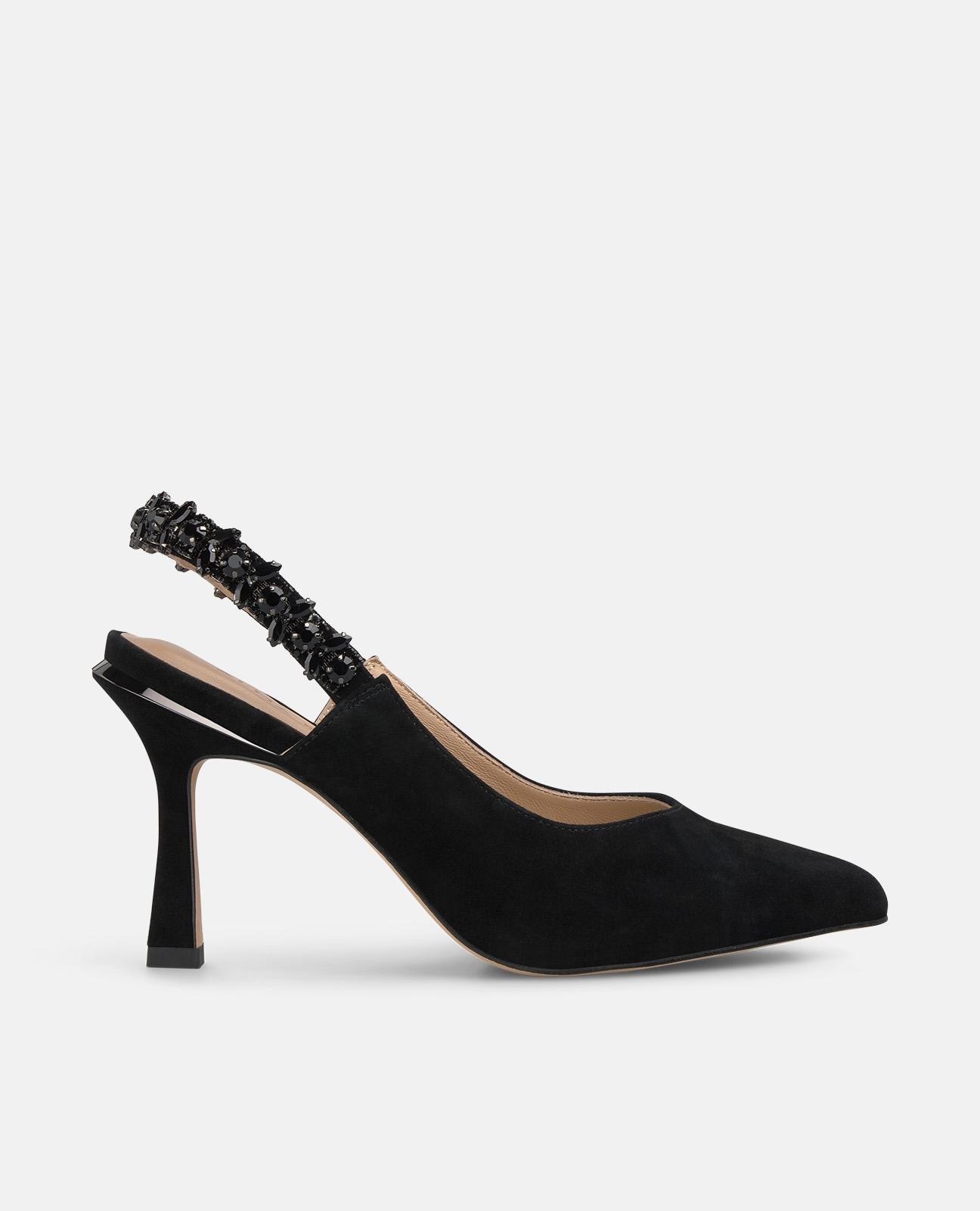 Alma en Pena - Zapatos de salón de mujer destalonados con tacón aguja y tira elástica de pedrería.