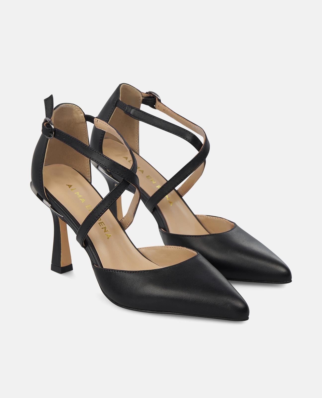 Zapatos de salón de mujer con tiras cruzadas puntera afilada y cierre con hebilla - Alma en Pena - Negro Negro-3