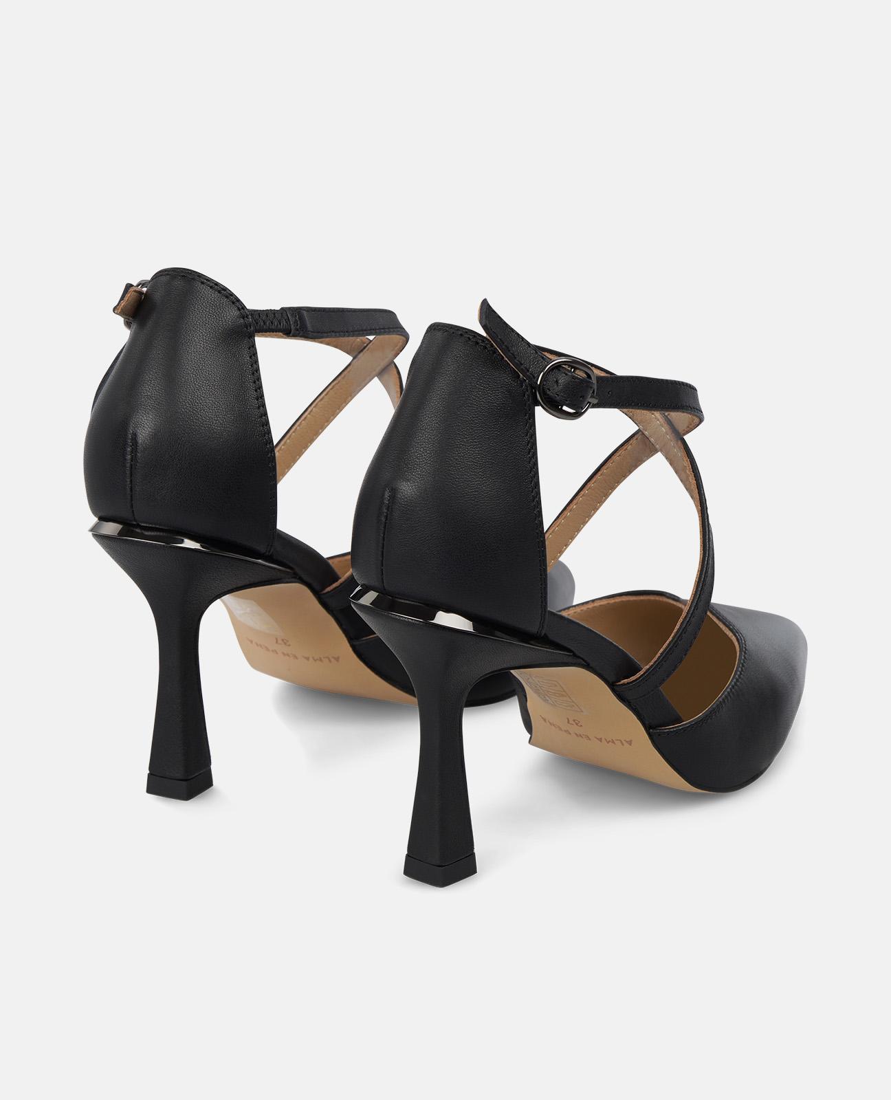 Zapatos de salón de mujer con tiras cruzadas puntera afilada y cierre con hebilla - Alma en Pena - Negro Negro-2