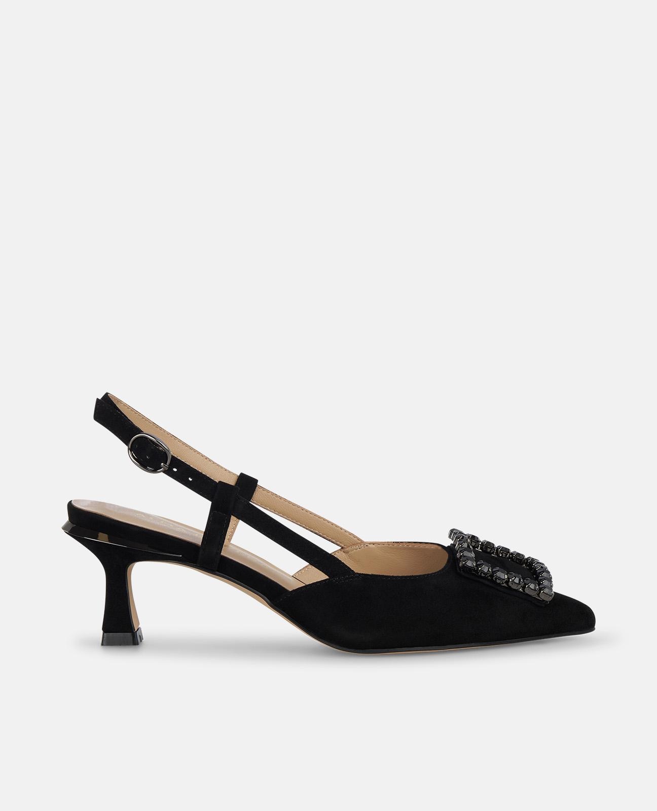Alma en Pena - Zapatos de salón de mujer destalonados con adorno de pedrería y cierre con hebilla.
