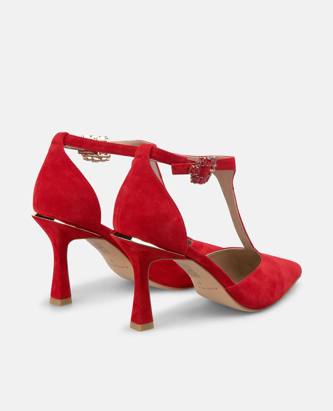 Zapatos de salón de mujer de piel con detalle de tira en la parte delantera y detalles tipo joya - Alma en Pena - Rojo Rojo-3