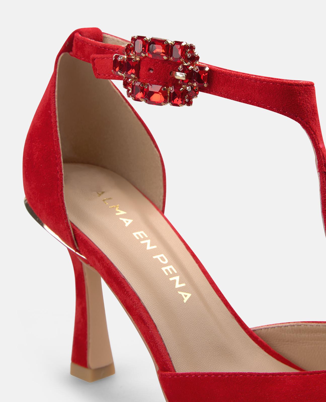 Zapatos de salón de mujer de piel con detalle de tira en la parte delantera y detalles tipo joya - Alma en Pena - Rojo Rojo-5