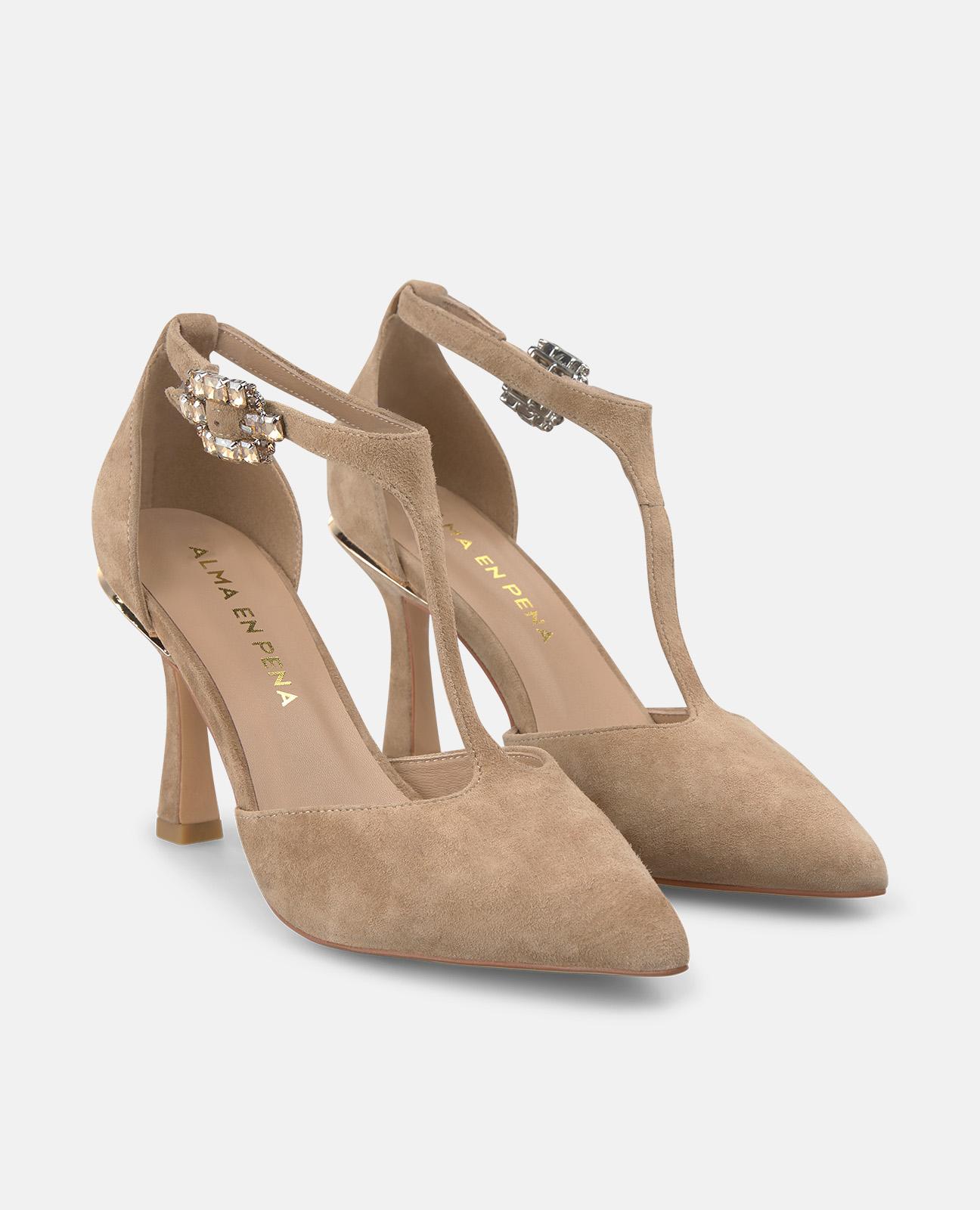 Zapatos de salón de mujer de piel con detalle de tira en la parte delantera y detalles tipo joya - Alma en Pena - Arena Arena-4