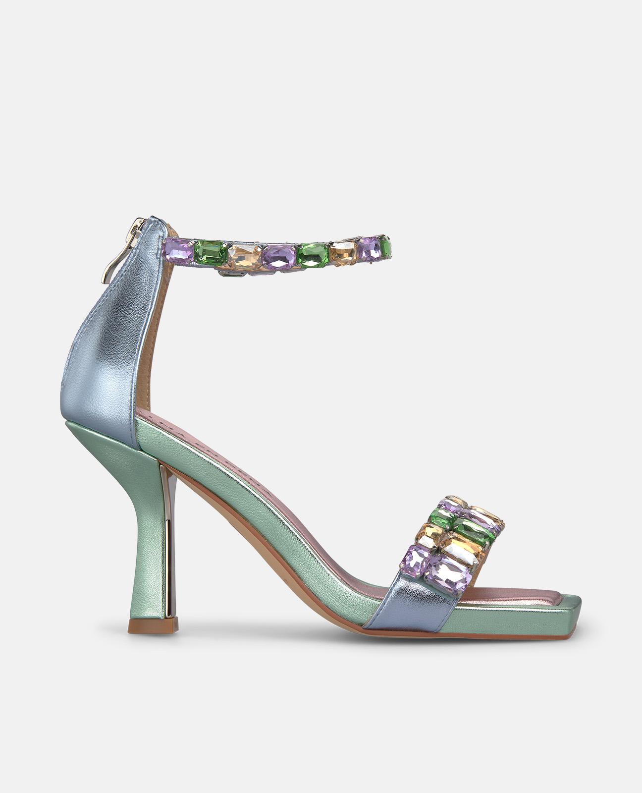 Sandalias de tacón de mujer en piel efecto metalizado con detalle de joyas y cierre de cremallera - Alma en Pena - Azul Azul-1