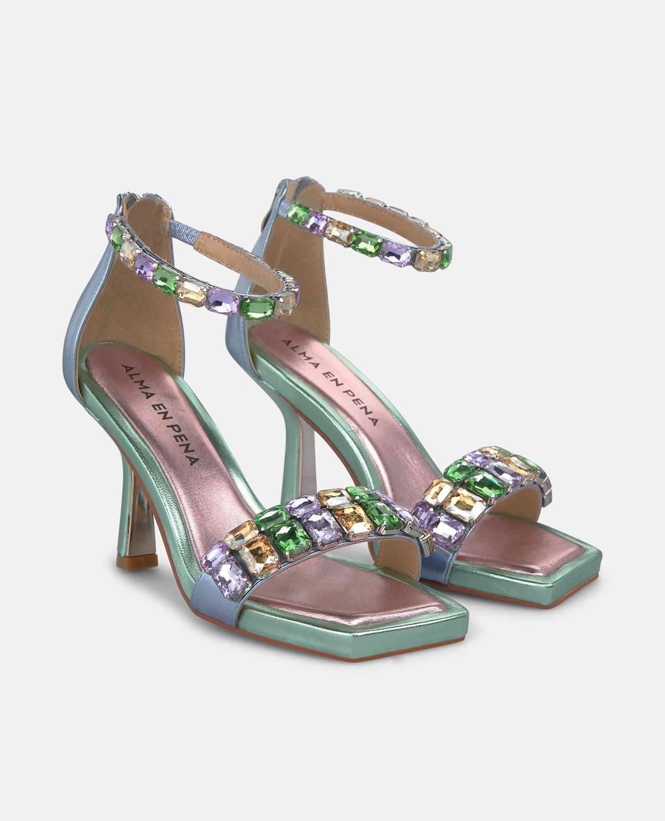 Sandalias de tacón de mujer en piel efecto metalizado con detalle de joyas y cierre de cremallera - Alma en Pena - Azul Azul-3