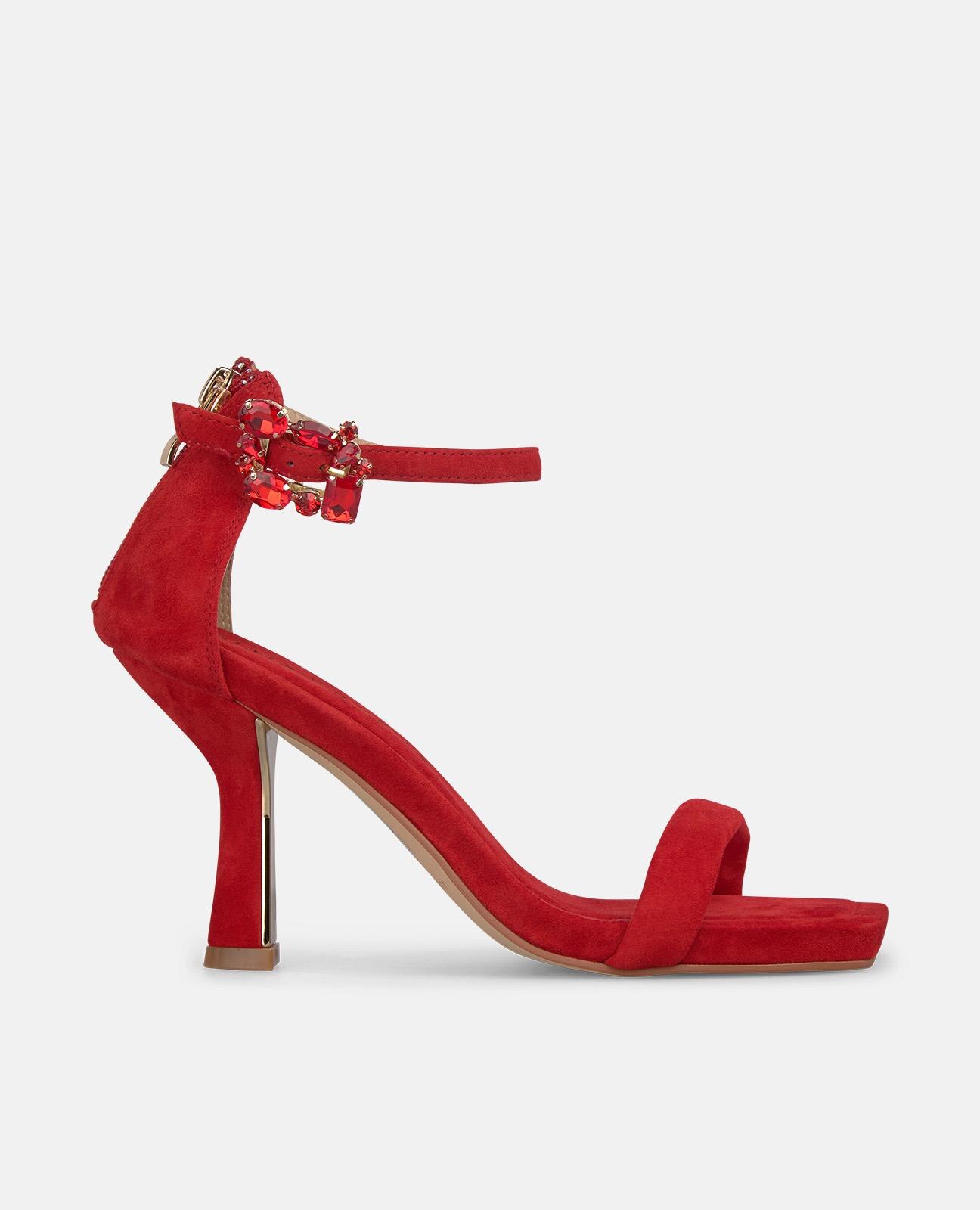 Sandalias de tacón de mujer en piel con tira delantera y cierre de hebilla con detalles tipo joya - Alma en Pena - Rojo Rojo-1