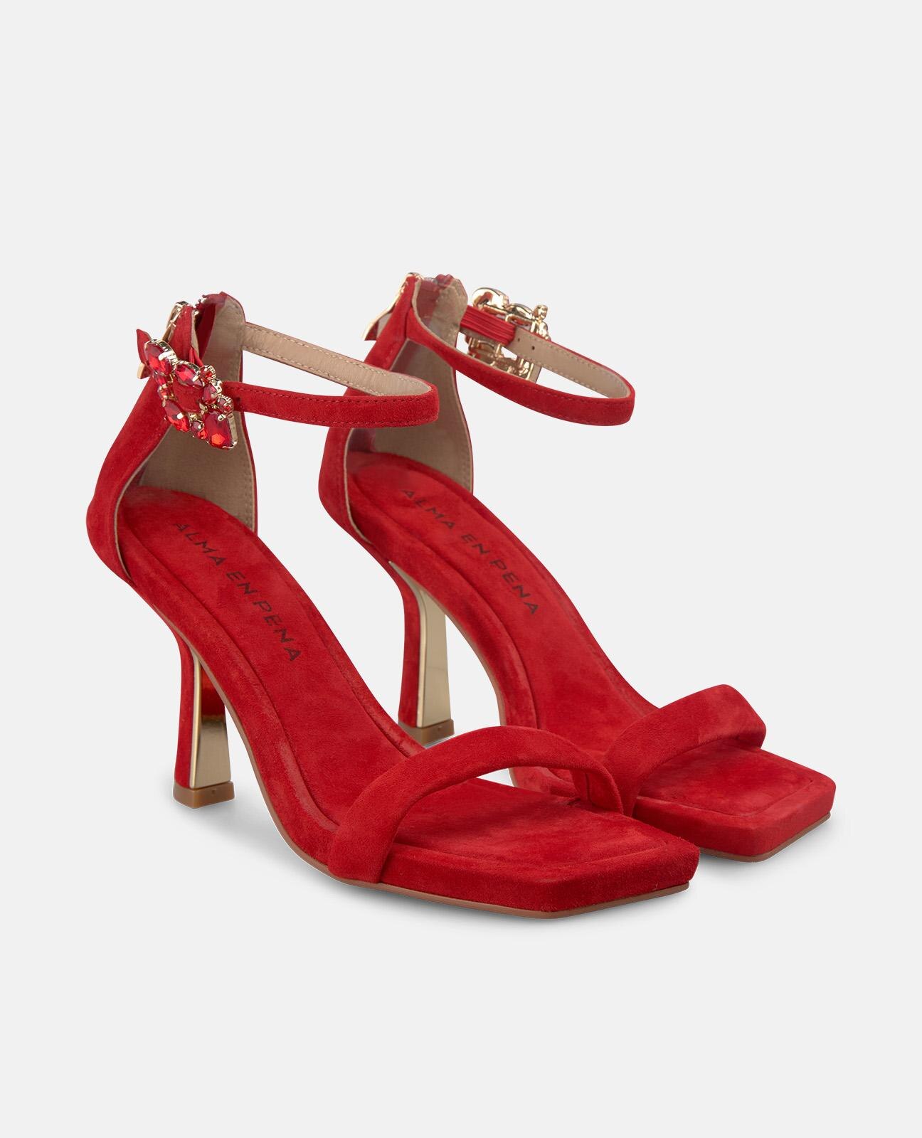 Sandalias de tacón de mujer en piel con tira delantera y cierre de hebilla con detalles tipo joya - Alma en Pena - Rojo Rojo-4