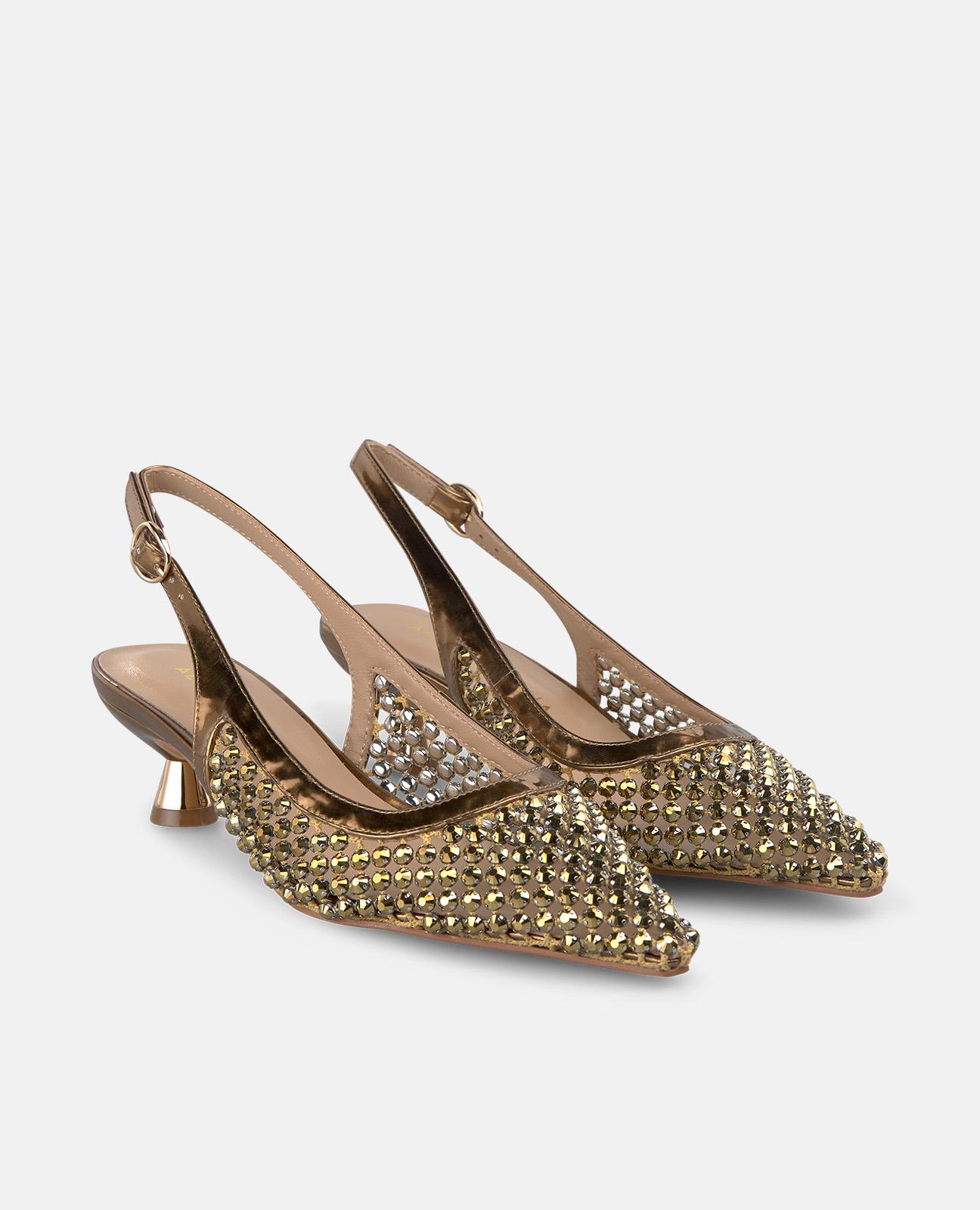 Zapatos de salón de mujer destalonados de piel con cuerpo en rejilla con tacha de pedreria - Oro Oro-4