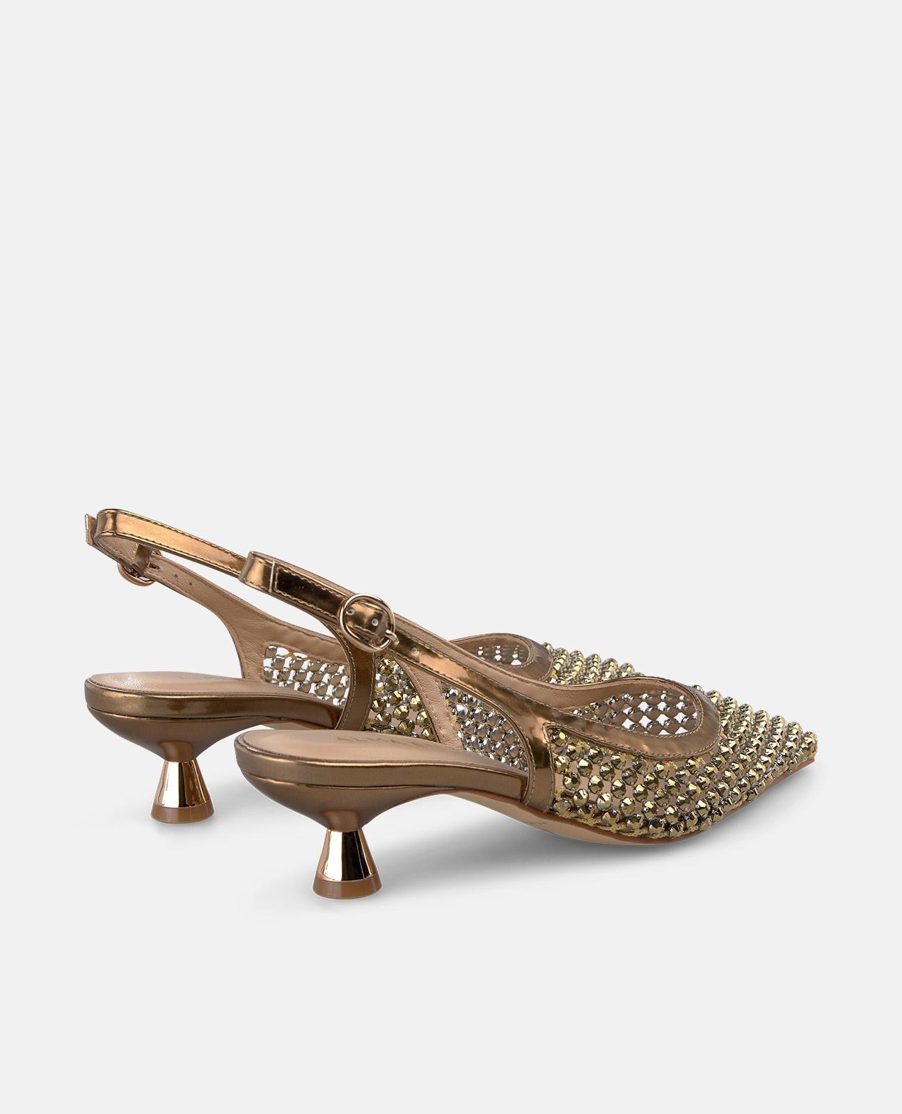 Zapatos de salón de mujer destalonados de piel con cuerpo en rejilla con tacha de pedreria - Oro Oro-3