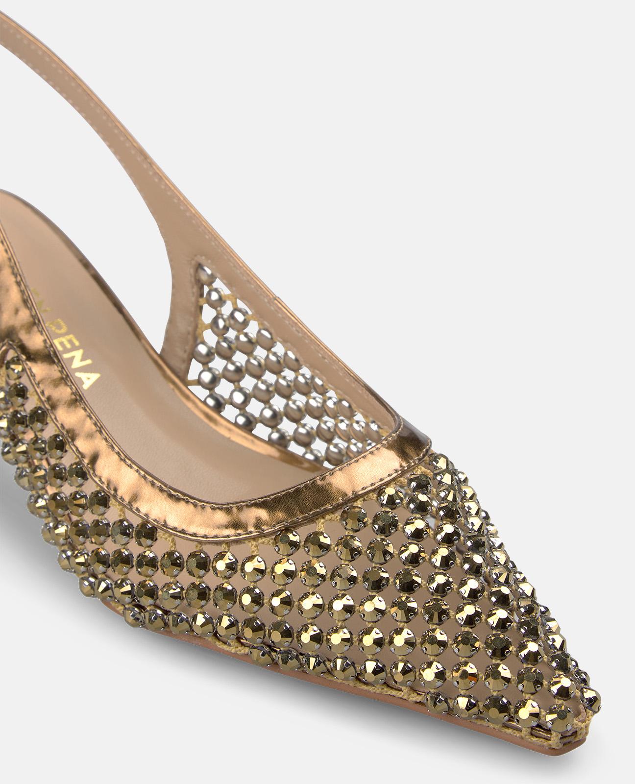 Zapatos de salón de mujer destalonados de piel con cuerpo en rejilla con tacha de pedreria - Oro Oro-5