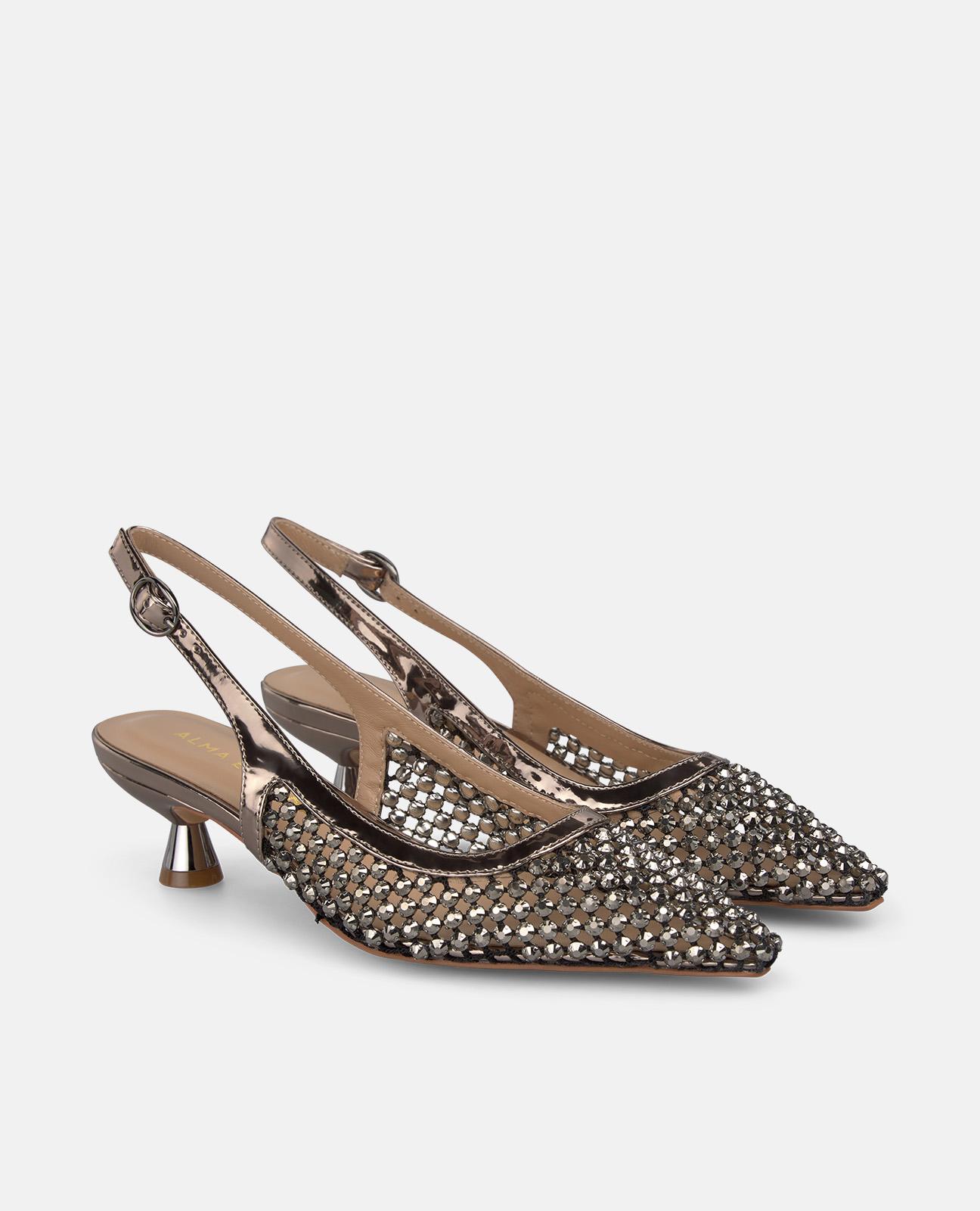 Zapatos de salón de mujer en piel destalonados con tachas de pedreria - Plateado Plateado-4