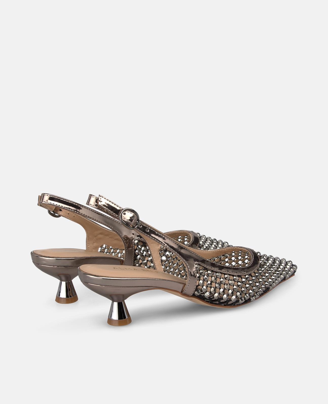 Zapatos de salón de mujer en piel destalonados con tachas de pedreria - Plateado Plateado-3