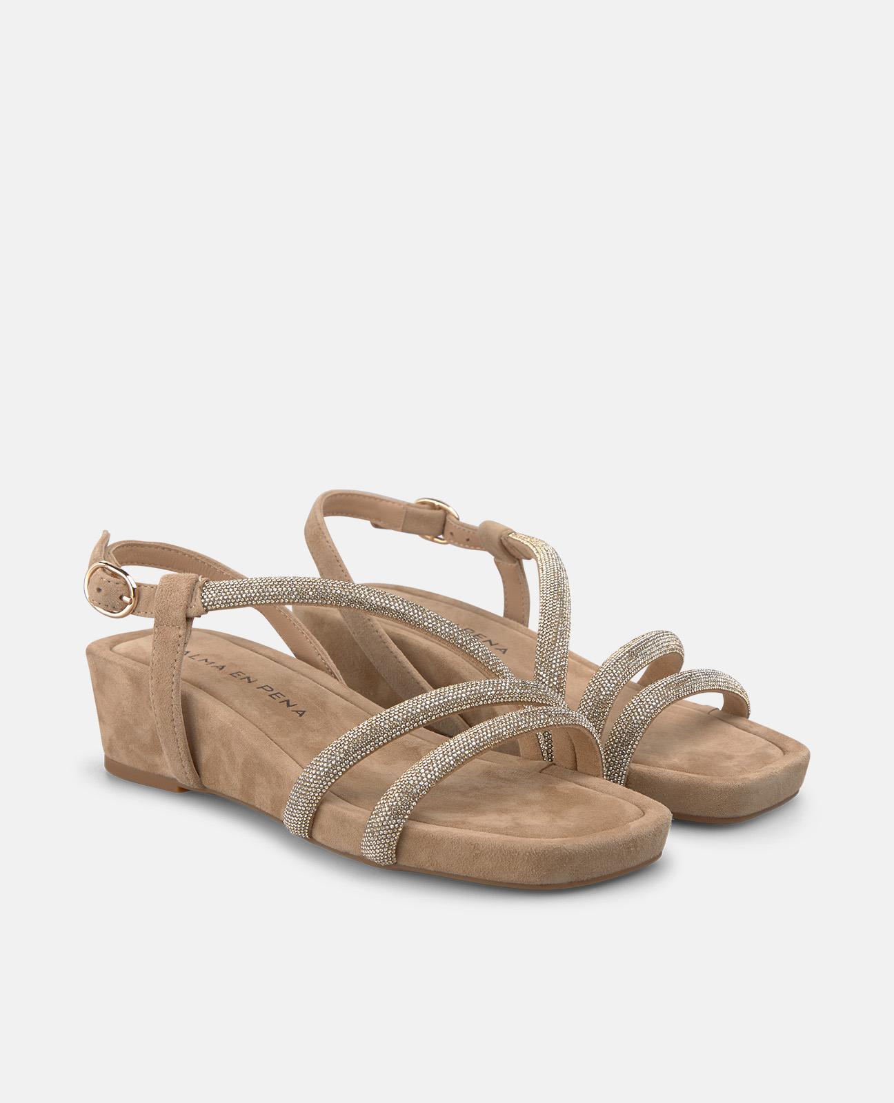 Sandalias de cuña de mujer en piel con tiras tubulares de transfer - Arena Arena-4
