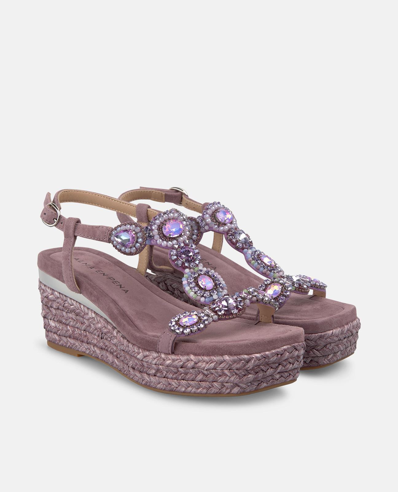 Sandalias de cuña de mujer de esparto con tira frontal en T con detalle de pedreria circular - Morado Morado-4