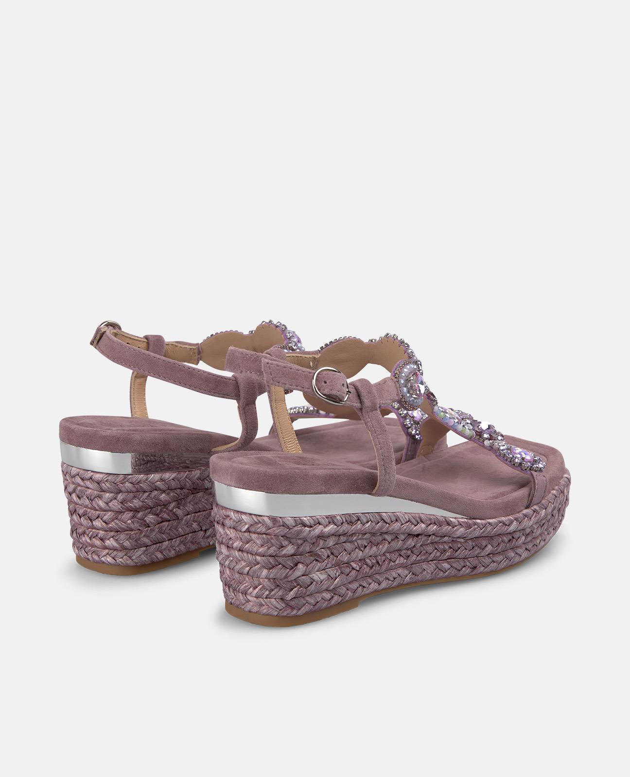 Sandalias de cuña de mujer de esparto con tira frontal en T con detalle de pedreria circular - Morado Morado-3