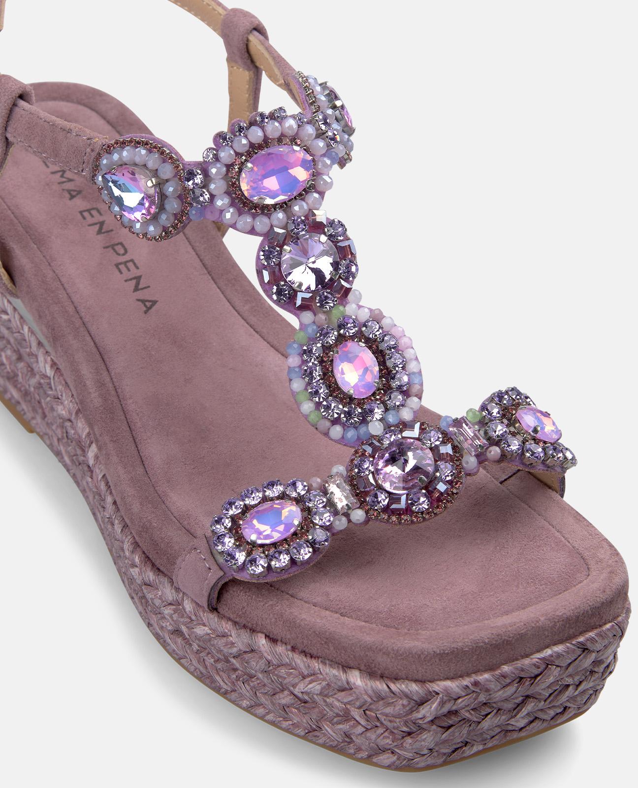 Sandalias de cuña de mujer de esparto con tira frontal en T con detalle de pedreria circular - Morado Morado-5