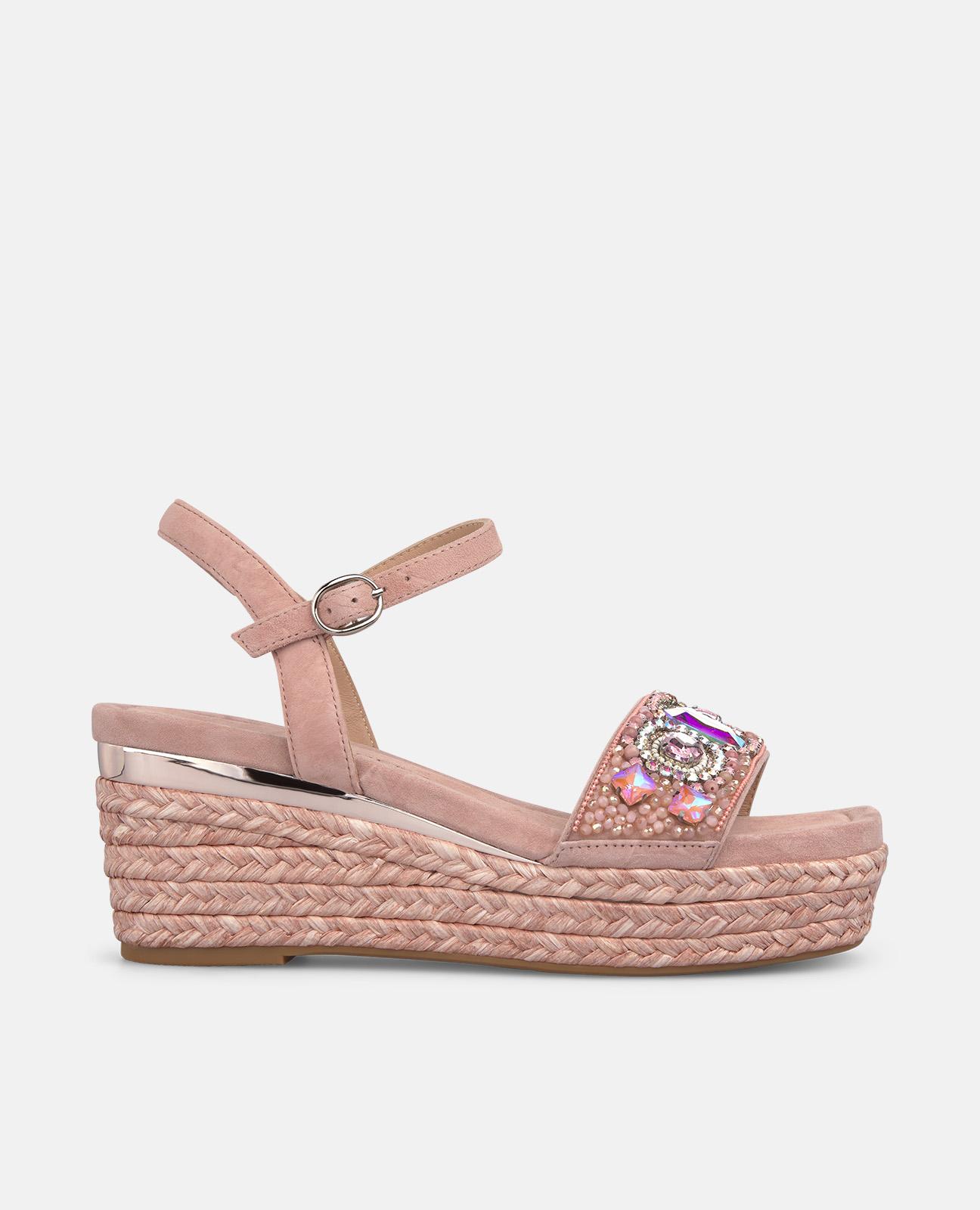 Sandalias de cuña de mujer de esparto con tira frontal de pedrería y cierre de hebilla - Rosa claro Rosa claro-1