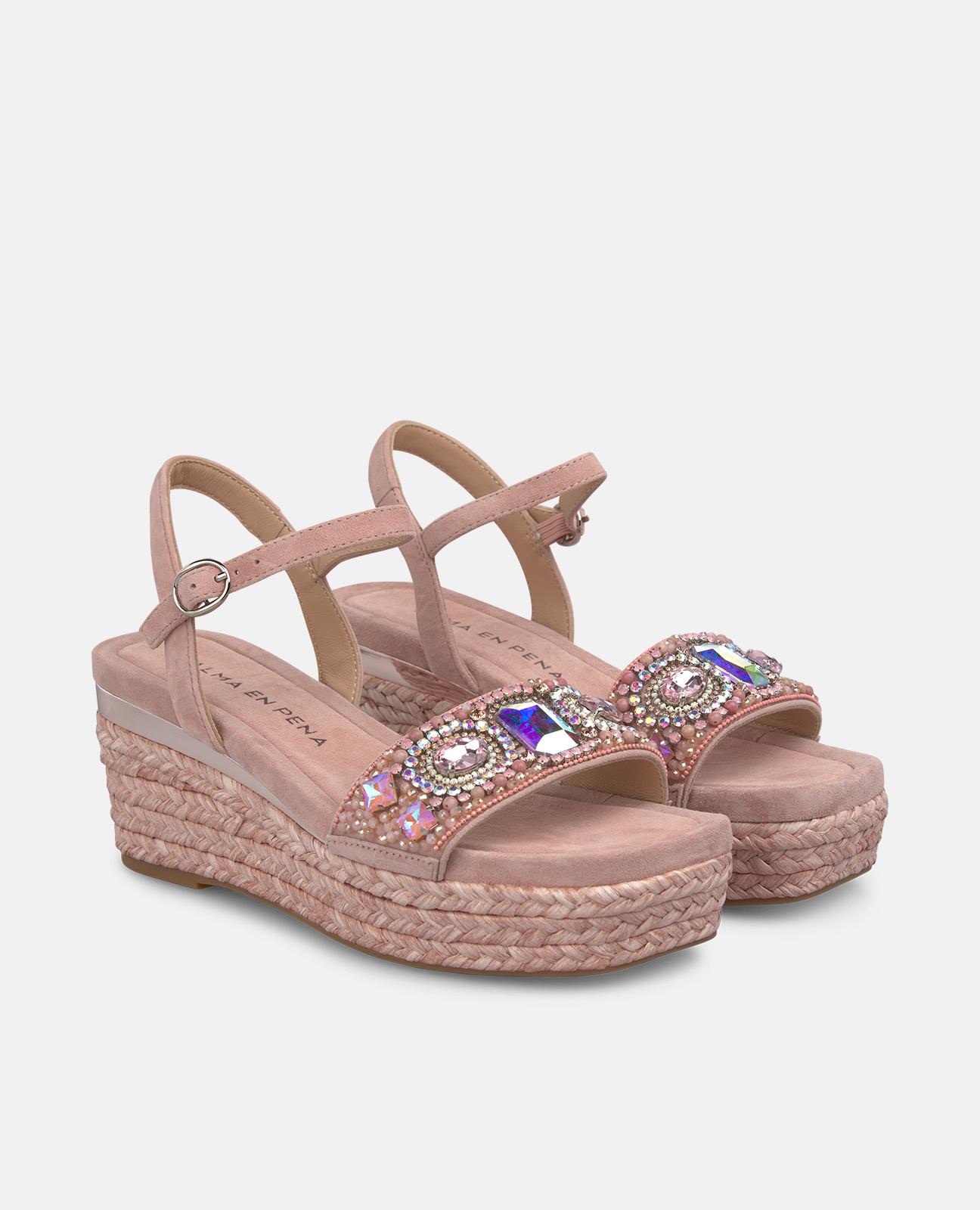 Sandalias de cuña de mujer de esparto con tira frontal de pedrería y cierre de hebilla - Rosa claro Rosa claro-4