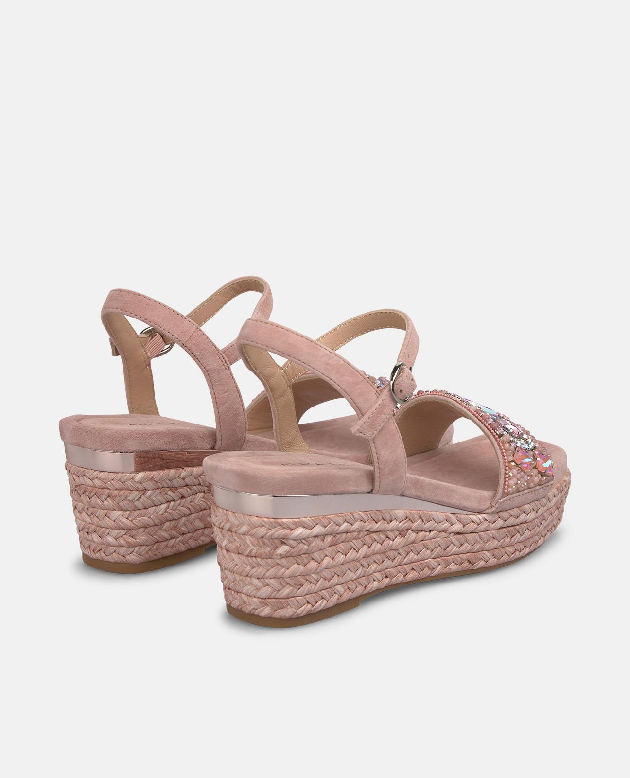 Sandalias de cuña de mujer de esparto con tira frontal de pedrería y cierre de hebilla - Rosa claro Rosa claro-3