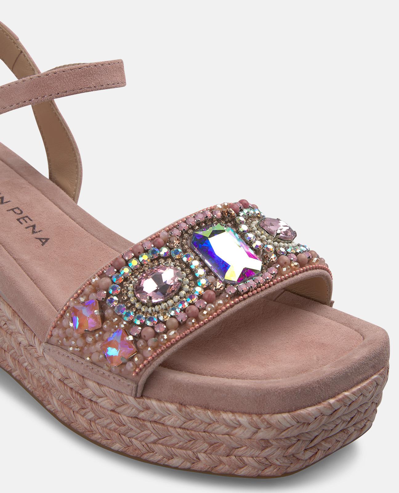 Sandalias de cuña de mujer de esparto con tira frontal de pedrería y cierre de hebilla - Rosa claro Rosa claro-5