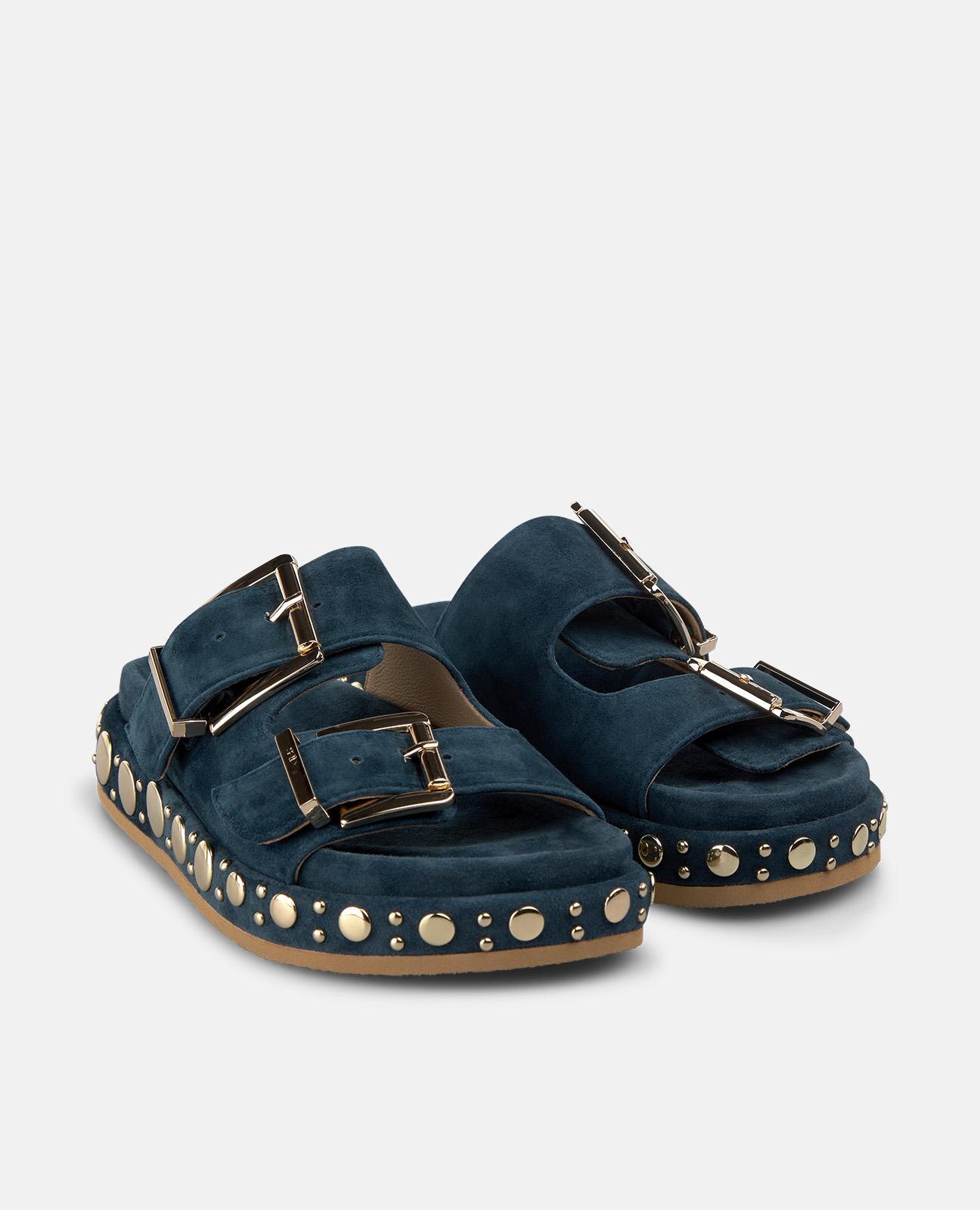 Sandalias planas de mujer en piel con tiras anchas y detalle de tachuelas en la plataforma - Azul marino Azul marino-4