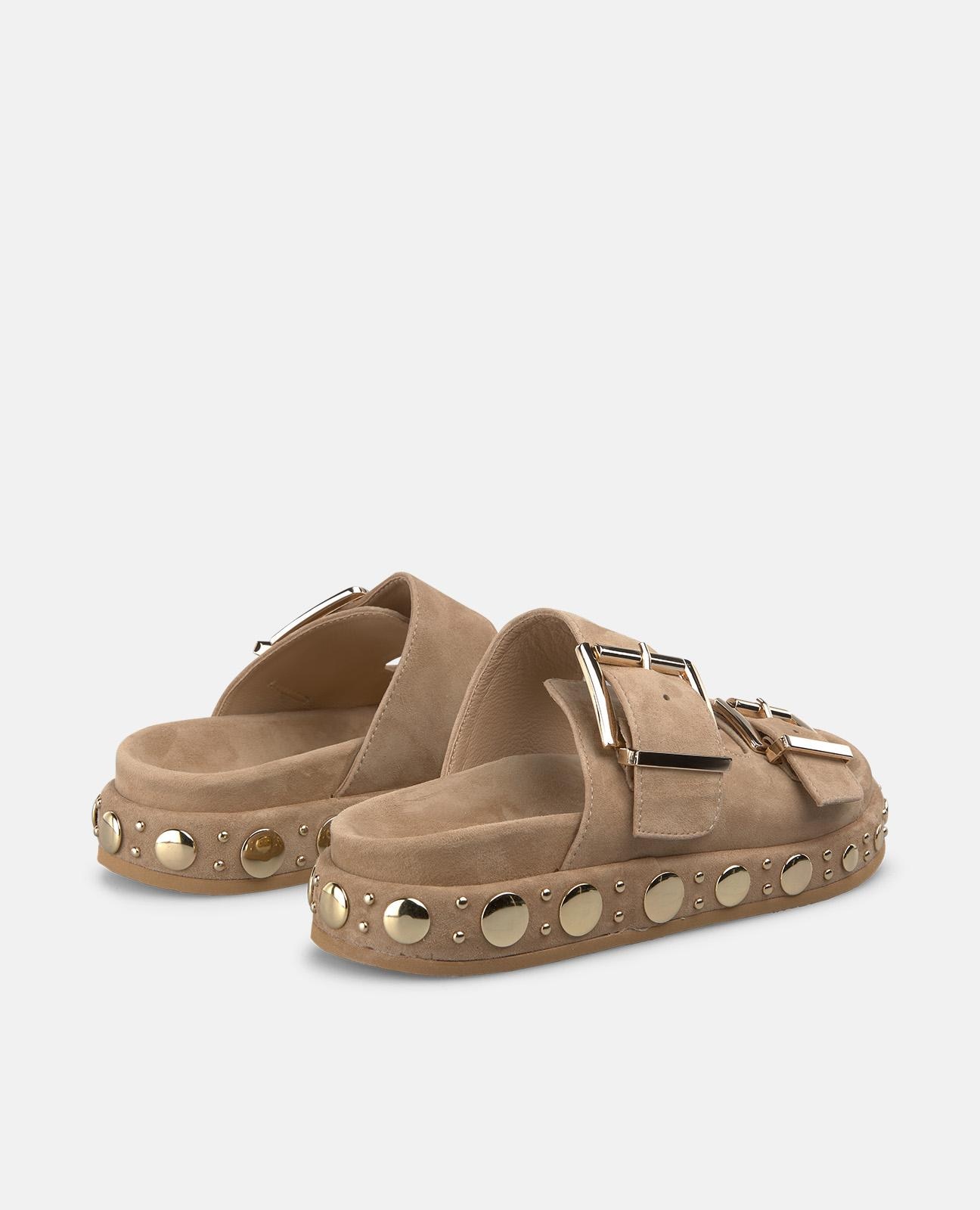 Sandalias planas de mujer en piel con tiras anchas y detalle de tachuelas en la plataforma - Alma en Pena - Arena Arena-3