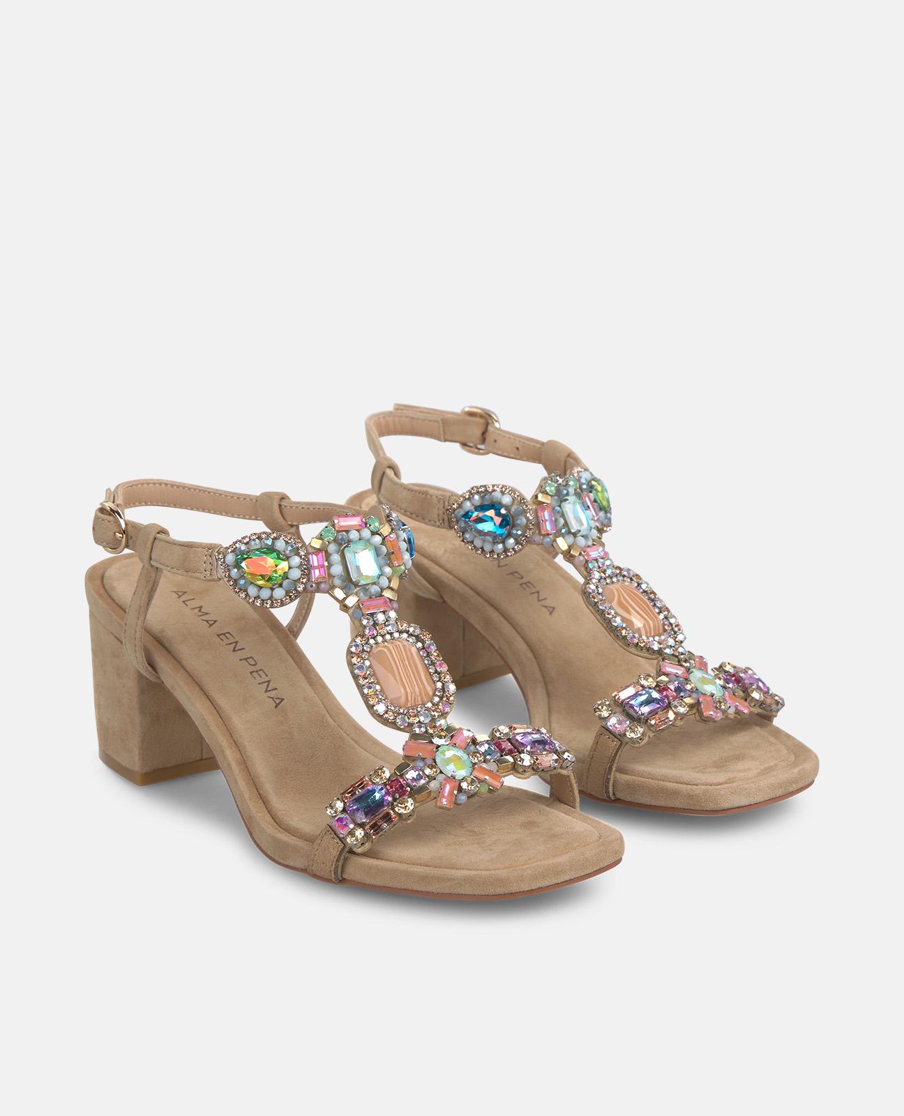 Sandalias de tacón de mujer con tira delantera y tobillo con detalle de joyas - Alma en Pena - Arena Arena-4