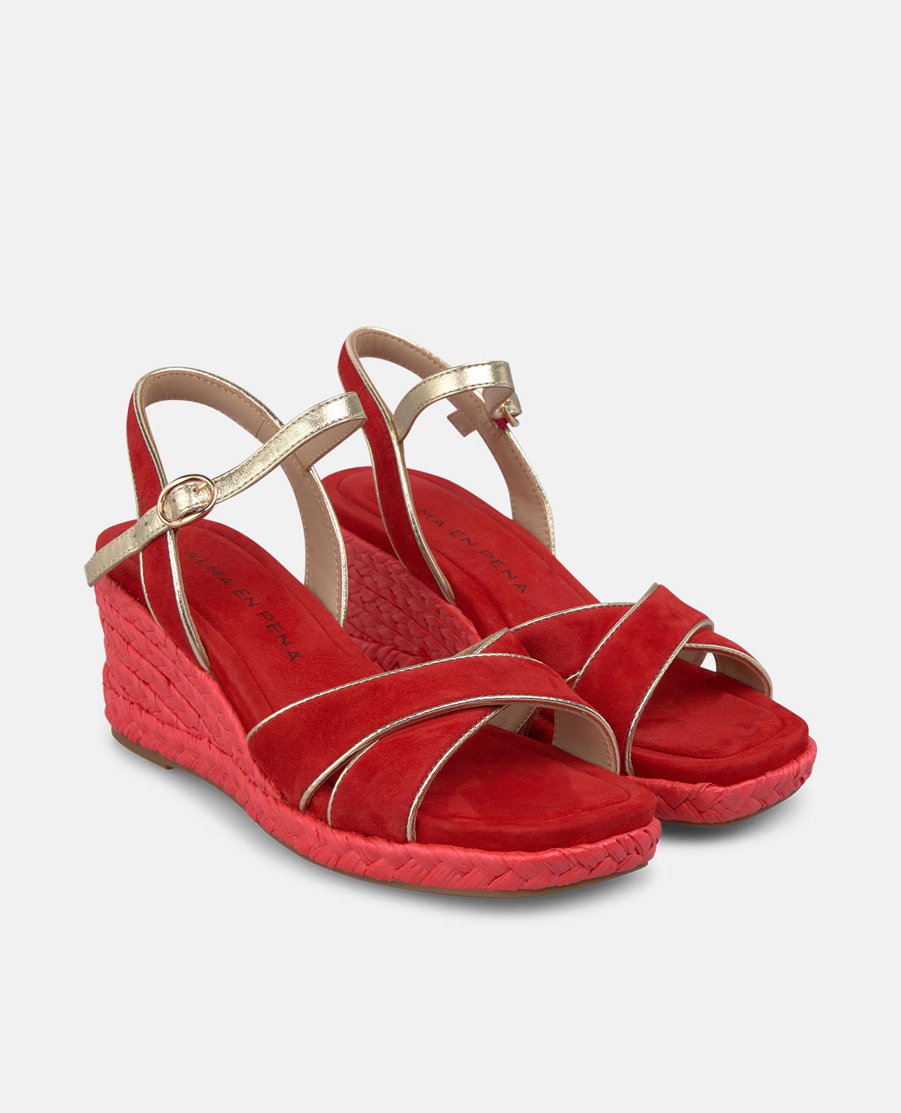 Sandalias de cuña de mujer de esparto con doble tira en la parte frontal y cierre de hebilla - Rojo Rojo-4