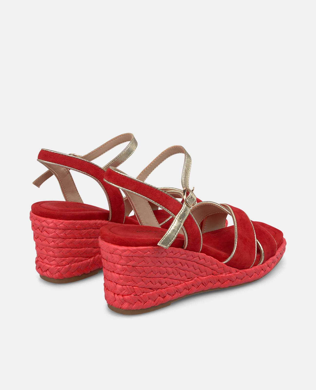Sandalias de cuña de mujer de esparto con doble tira en la parte frontal y cierre de hebilla - Rojo Rojo-3
