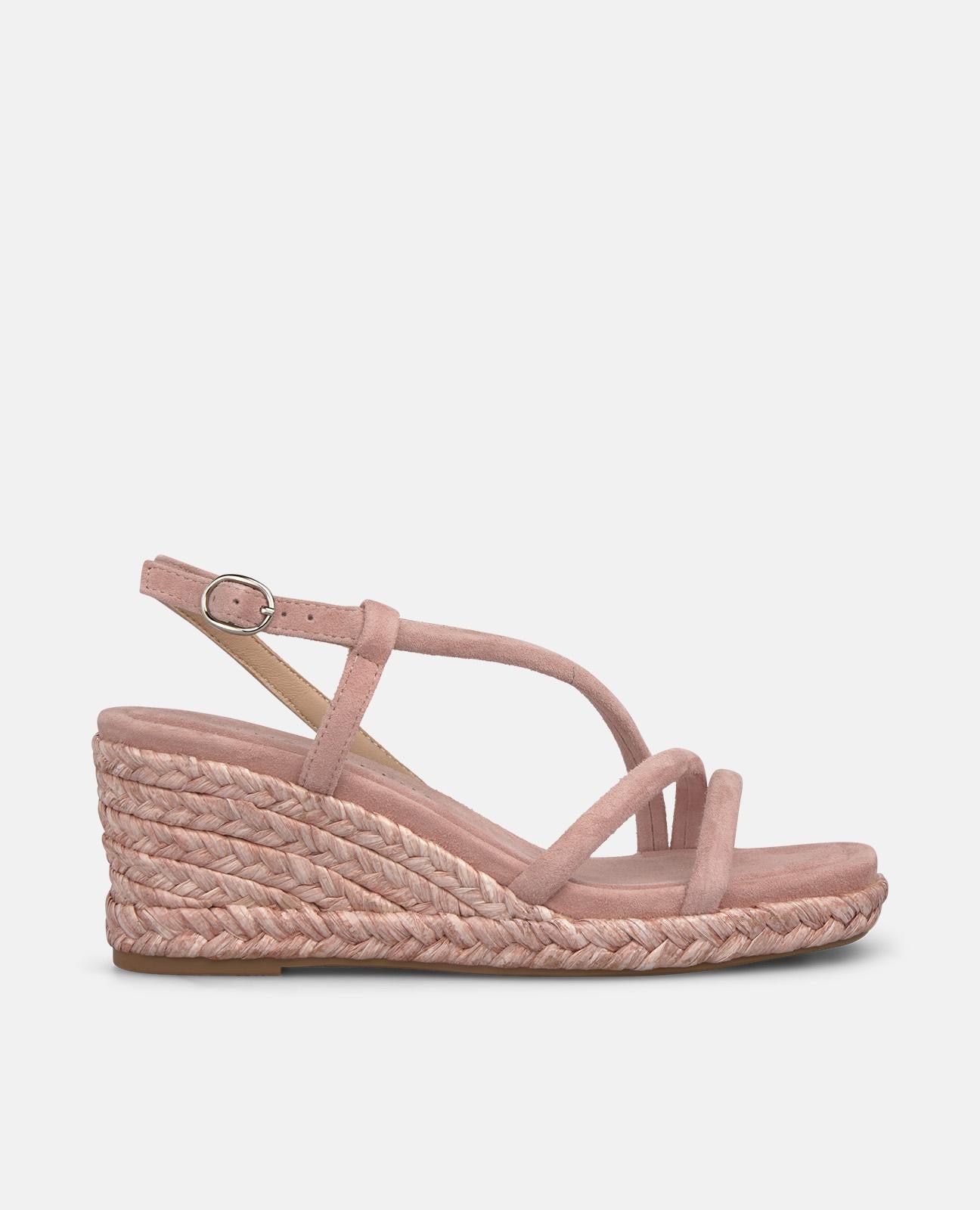 Sandalias de cuña de mujer de esparto con tiras tubulares y cierre de hebilla - Rosa claro Rosa claro-1