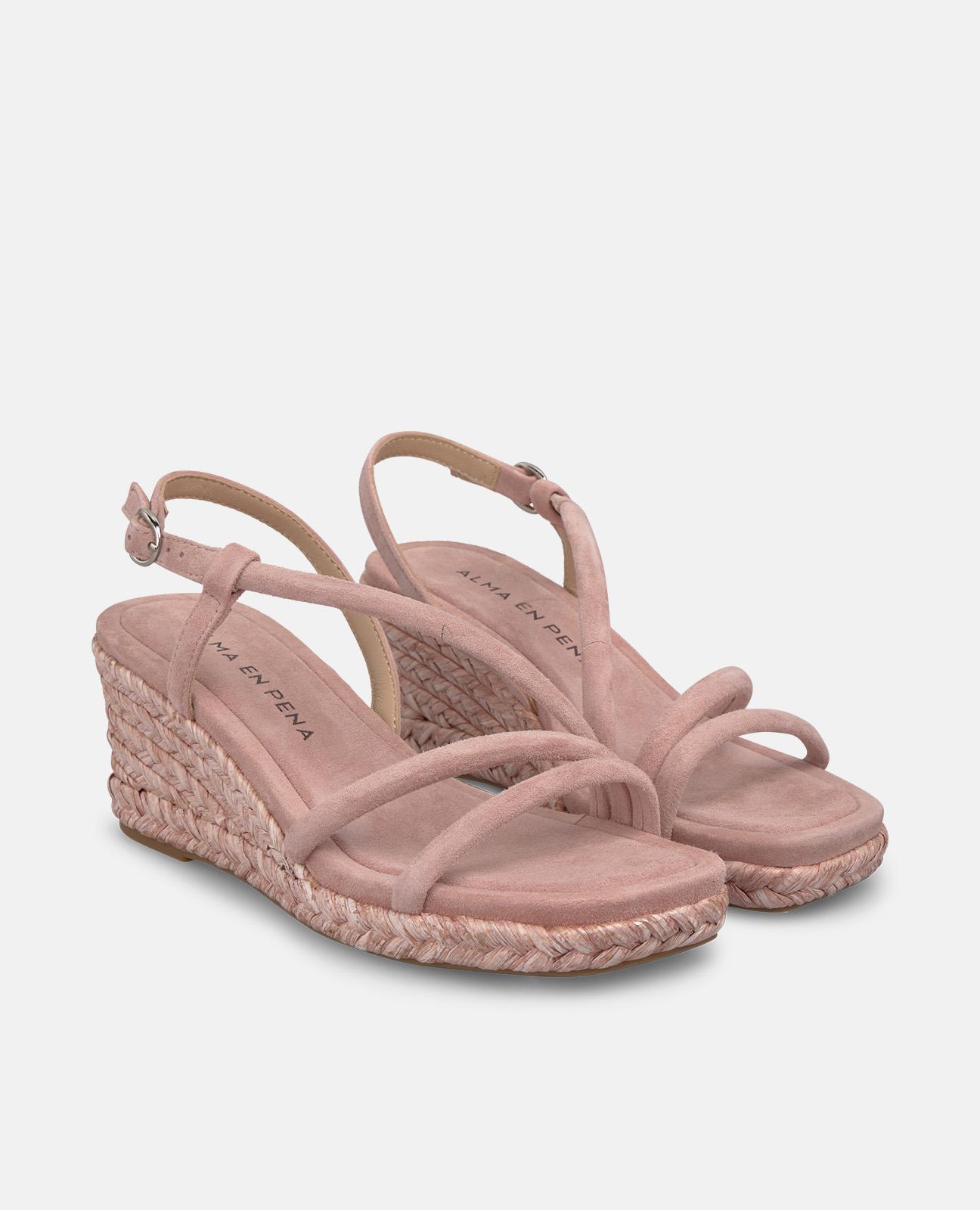 Sandalias de cuña de mujer de esparto con tiras tubulares y cierre de hebilla - Rosa claro Rosa claro-4