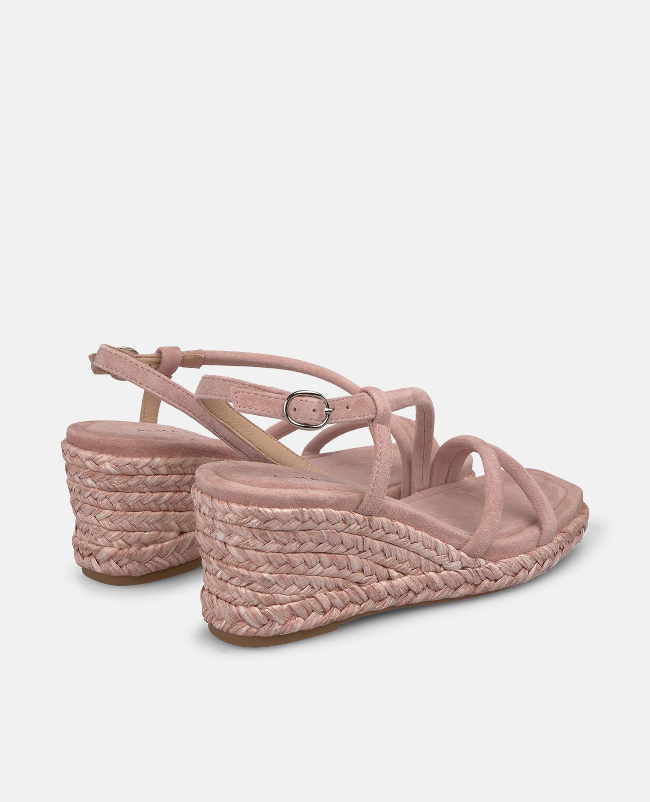 Sandalias de cuña de mujer de esparto con tiras tubulares y cierre de hebilla - Rosa claro Rosa claro-3