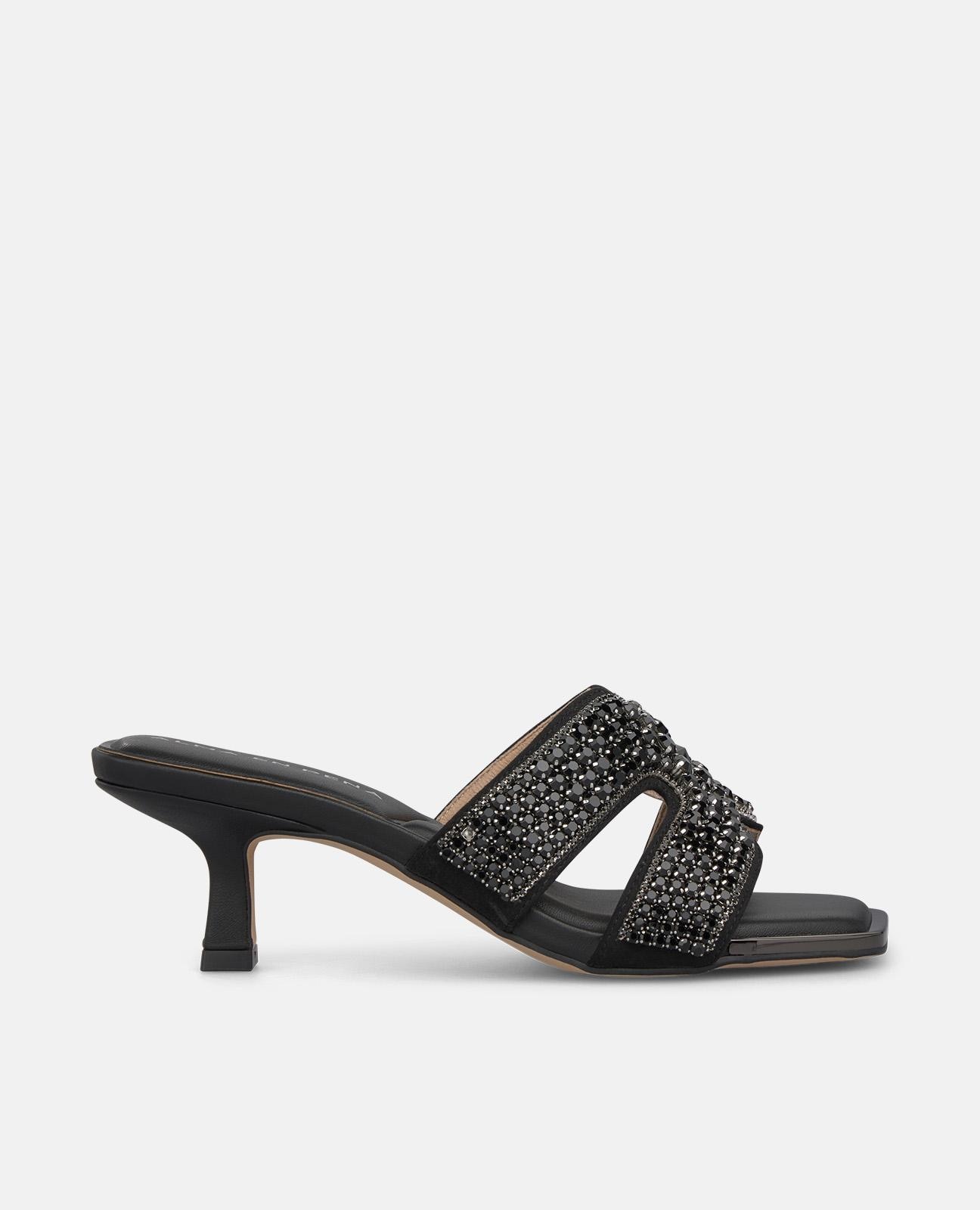 Sandalias de tacón de mujer con tira en forma de xcon pedrería y puntera cuadrada - Negro Negro-1