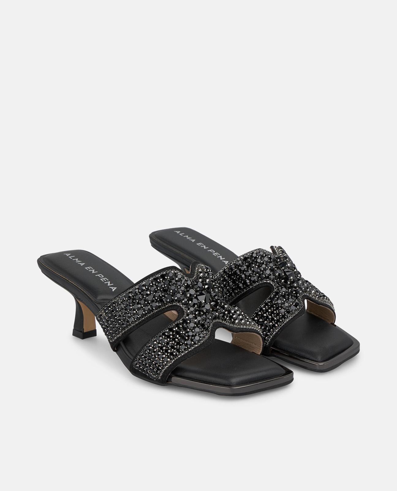Sandalias de tacón de mujer con tira en forma de xcon pedrería y puntera cuadrada - Negro Negro-4